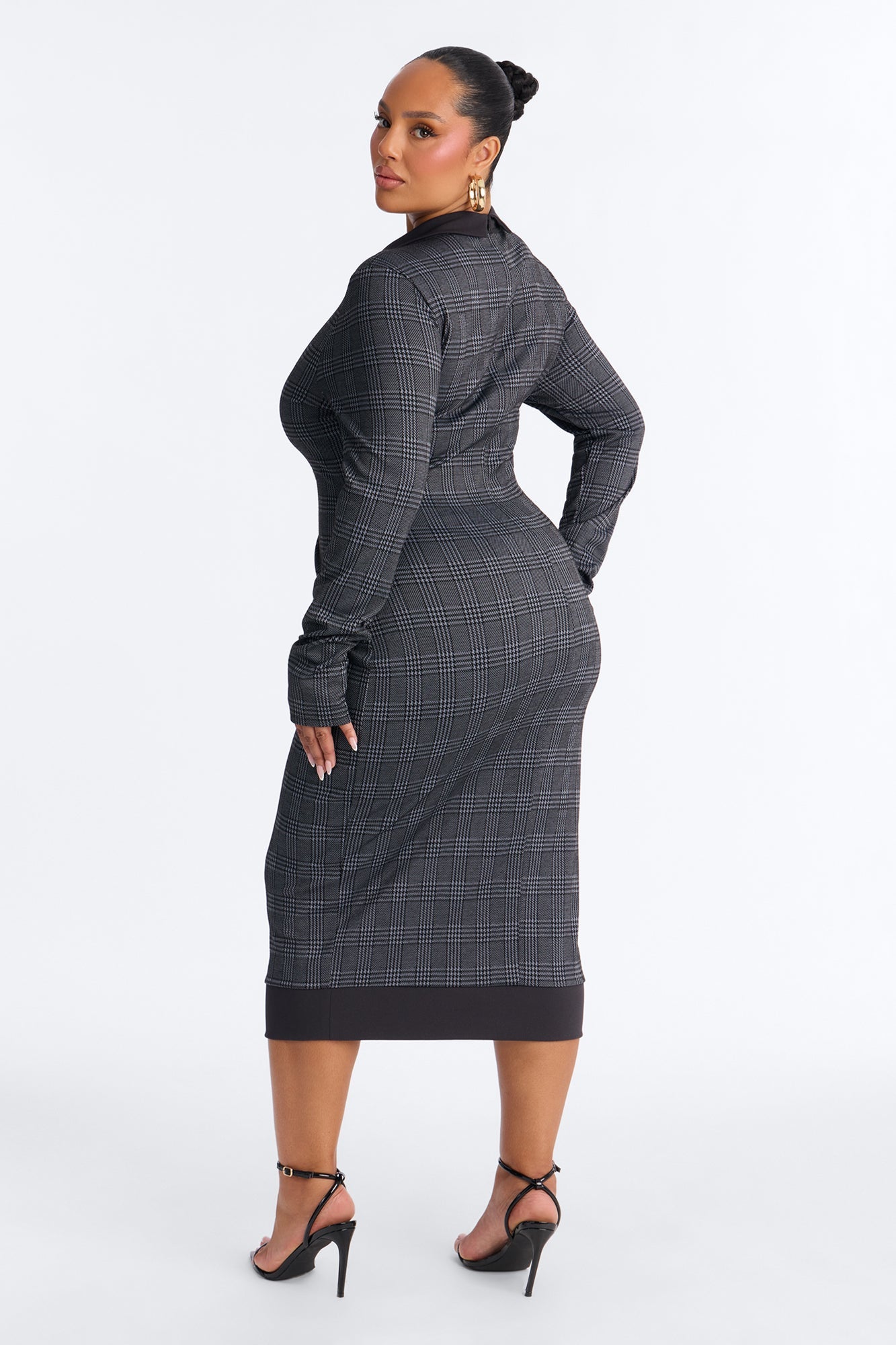 Tori Collar Houndstooth Midi Dress - Grey