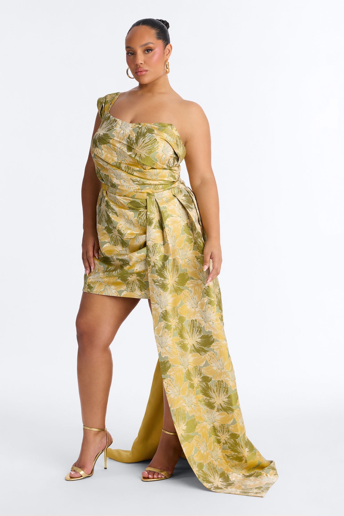 Isabella Removable Train Jacquard Mini Dress - Green/combo