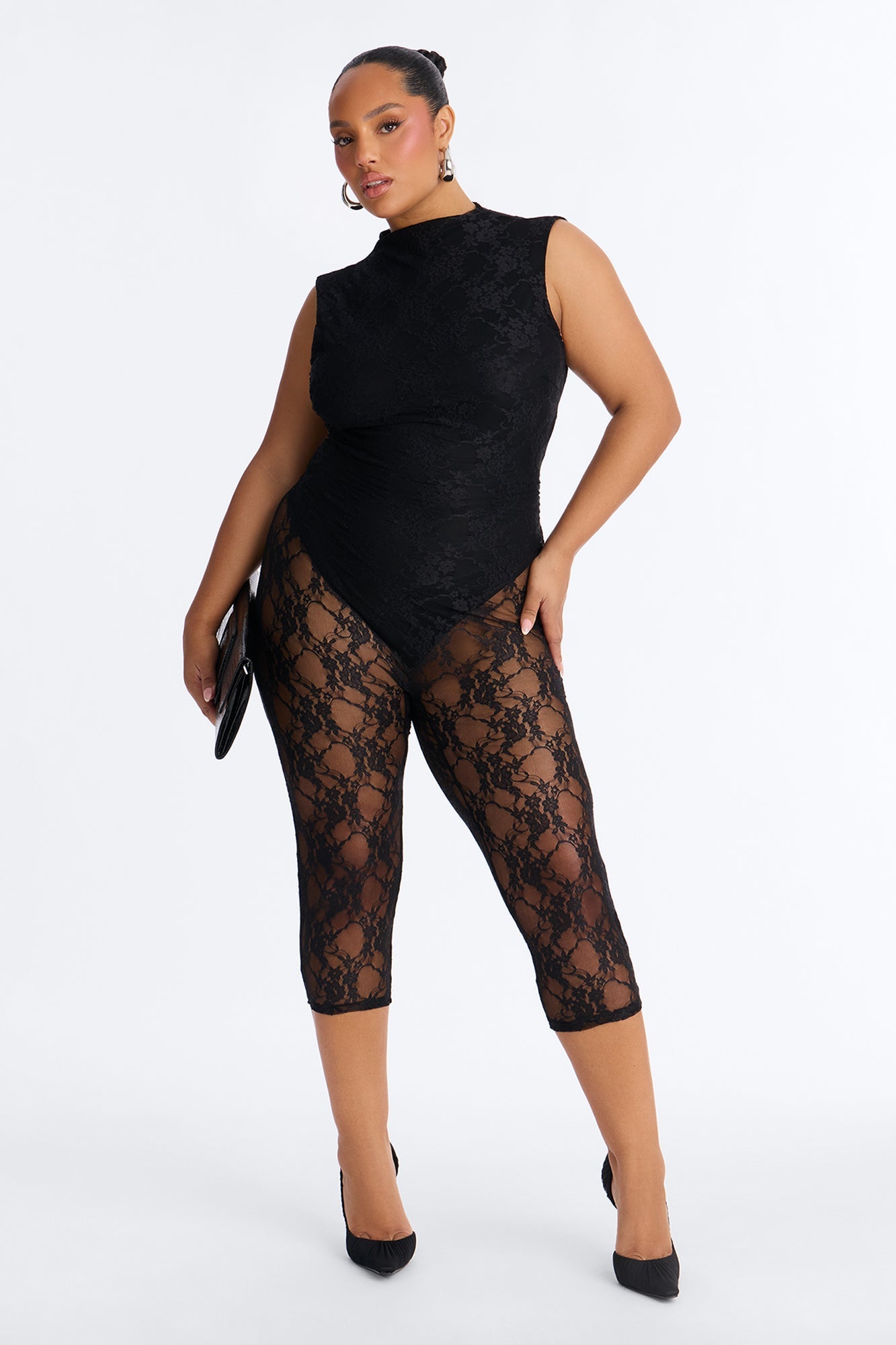 Miley Backless Lace Capri Catsuit - Black