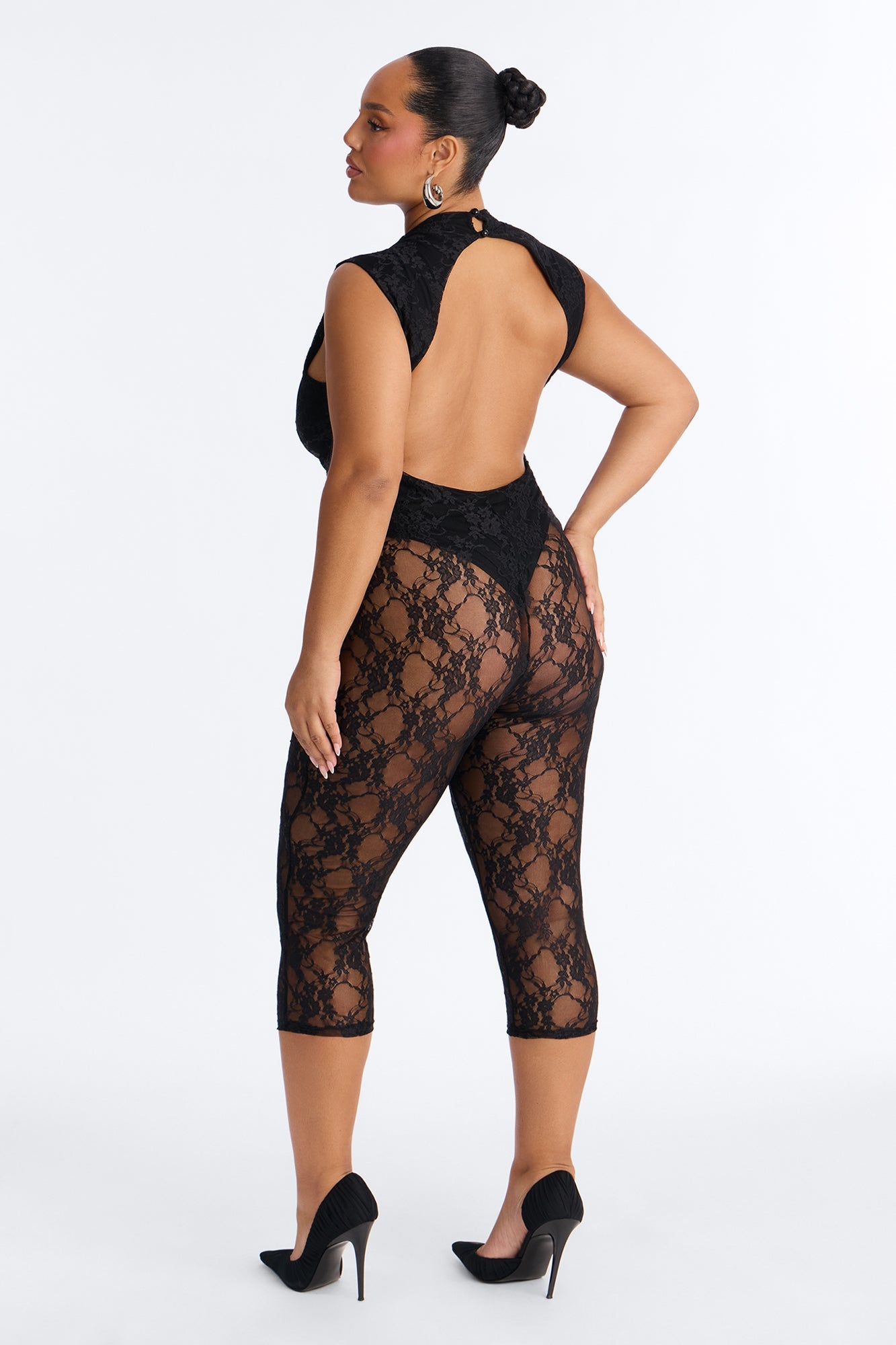 Miley Backless Lace Capri Catsuit - Black