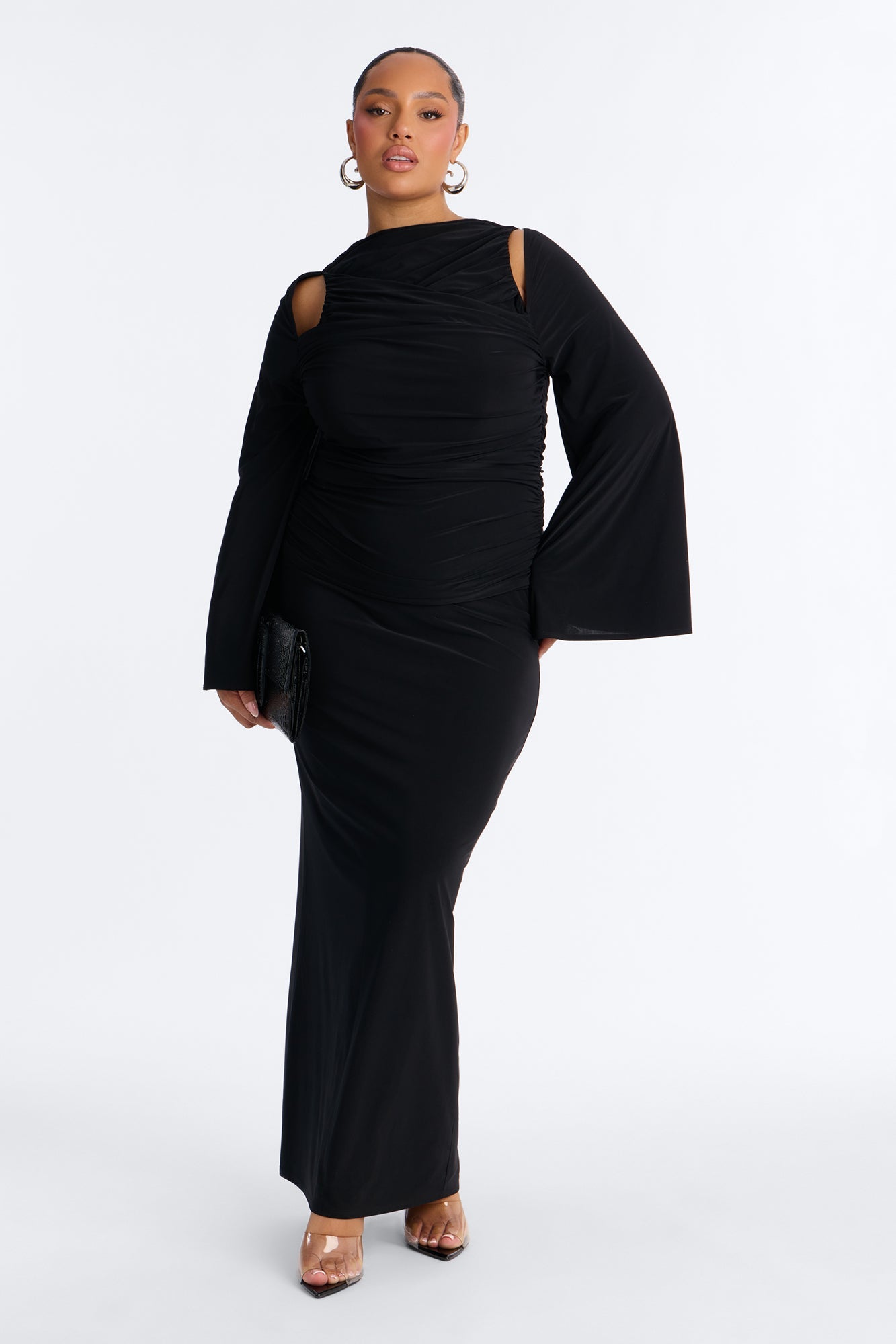 Carlita Ruched High Neck Maxi Skirt Set - Black