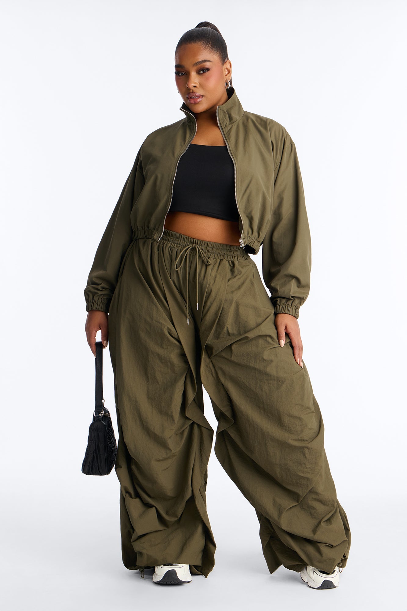 Midnight Drift Extreme Wide Leg Windbreaker Set - Olive