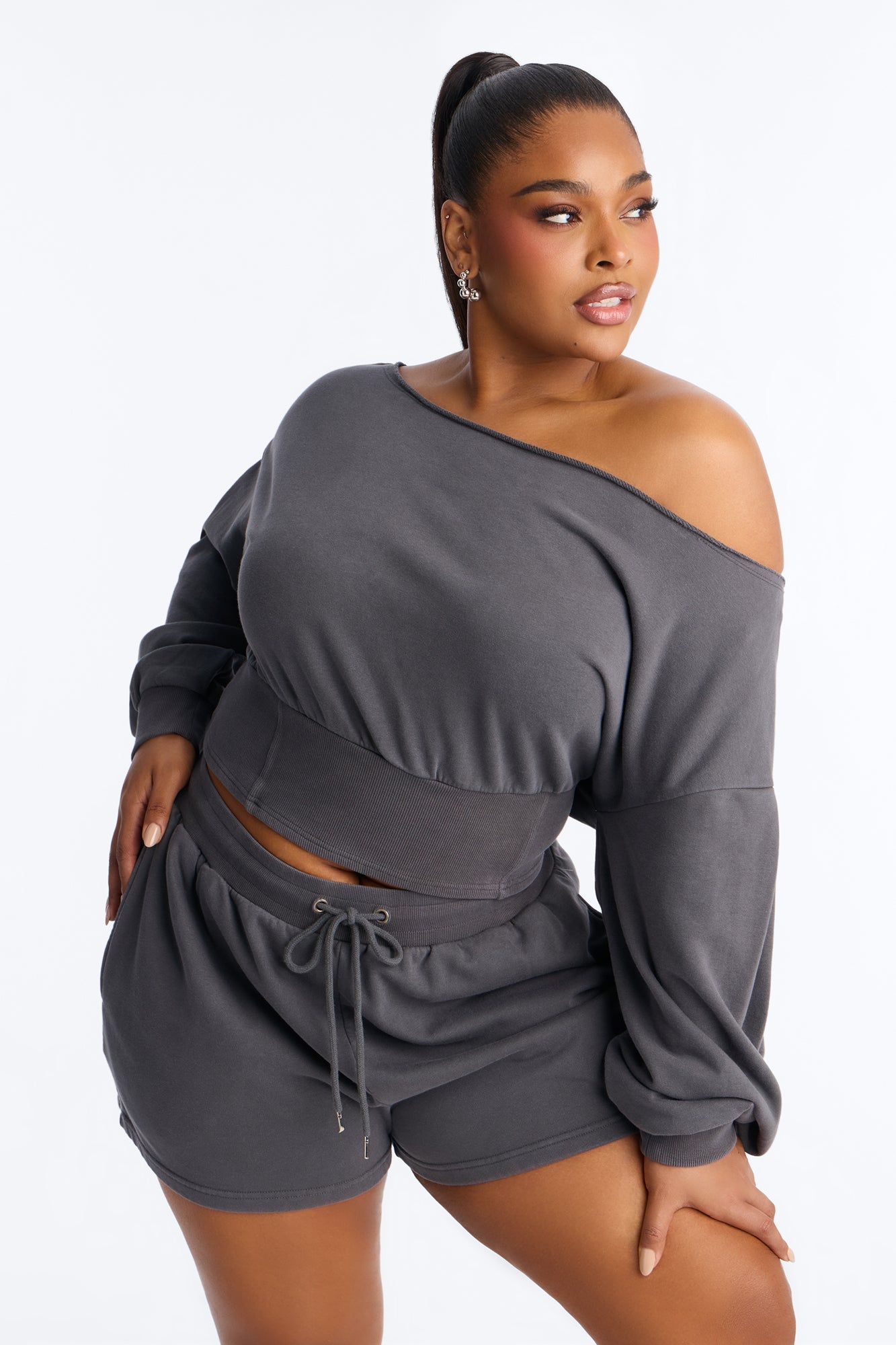 Come Find Me Washed Fleece Mix Short Set - Charcoal