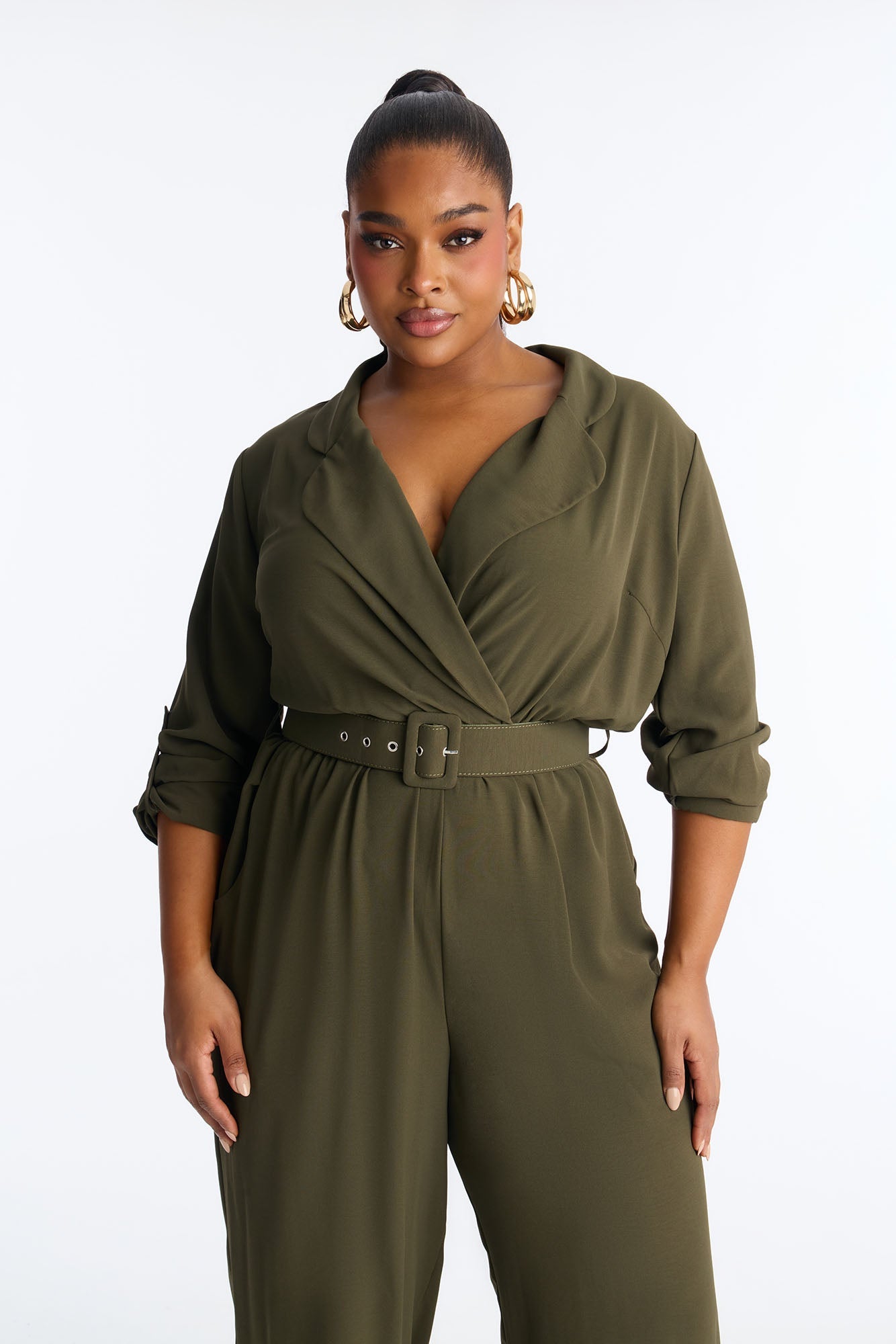 Running Around Belted Straight Leg Jumpsuit - Olive
