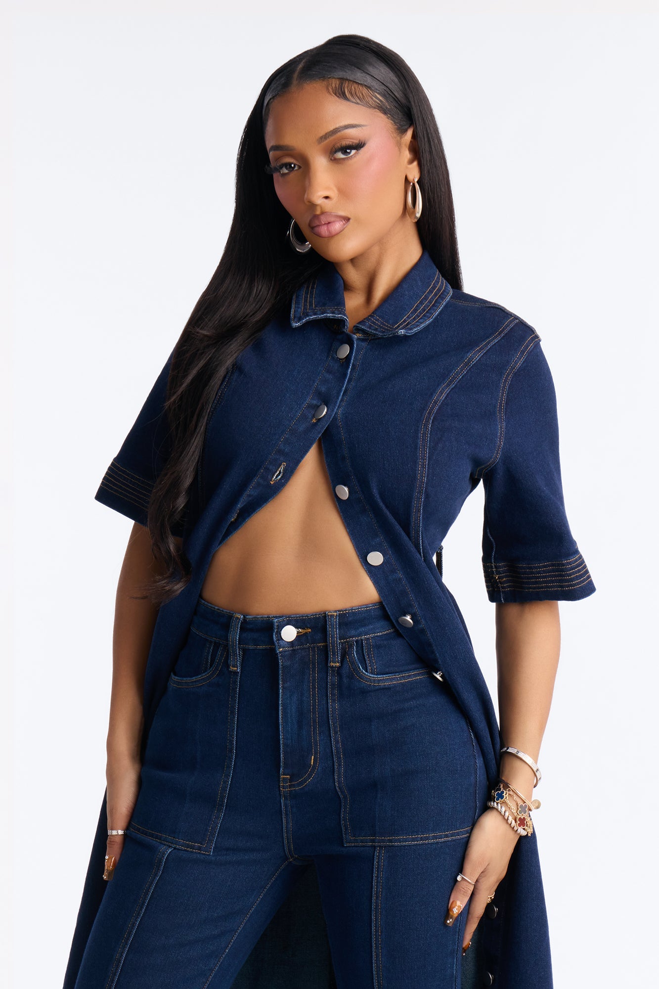 Danielle Denim Tie Waist Pant Set - Dark Wash