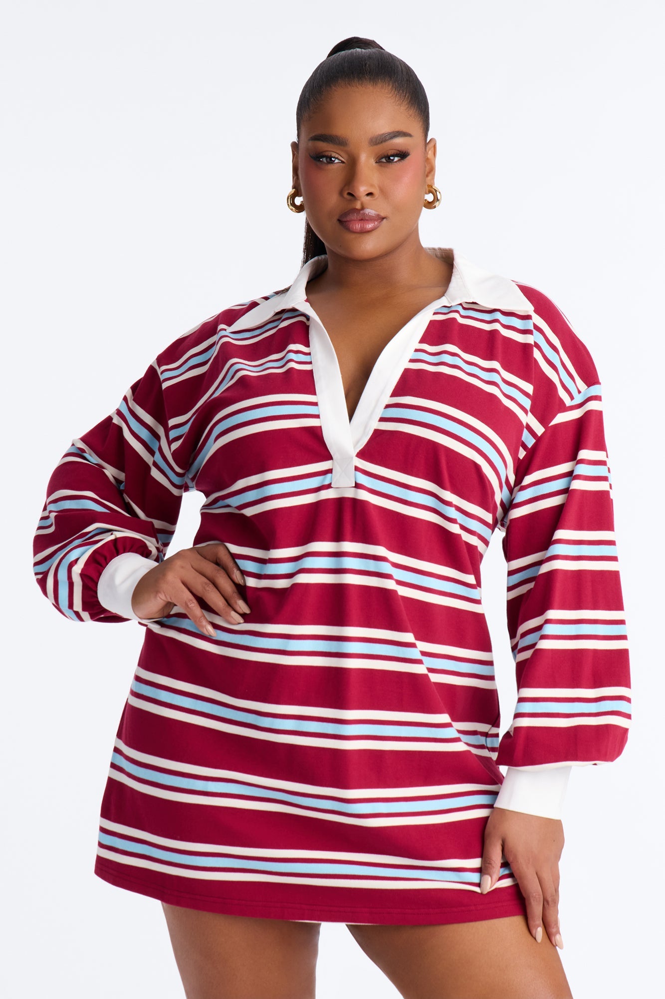 Regina Long Sleeve Striped Mini Dress - Burgundy/combo