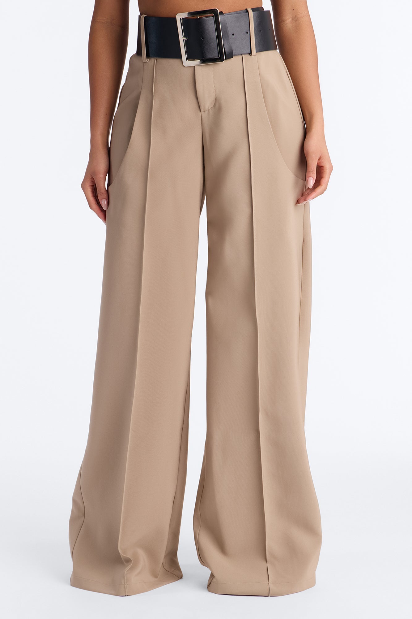 Ramona Pocket Detail Belted Wide Leg Pant 33″ - Khaki
