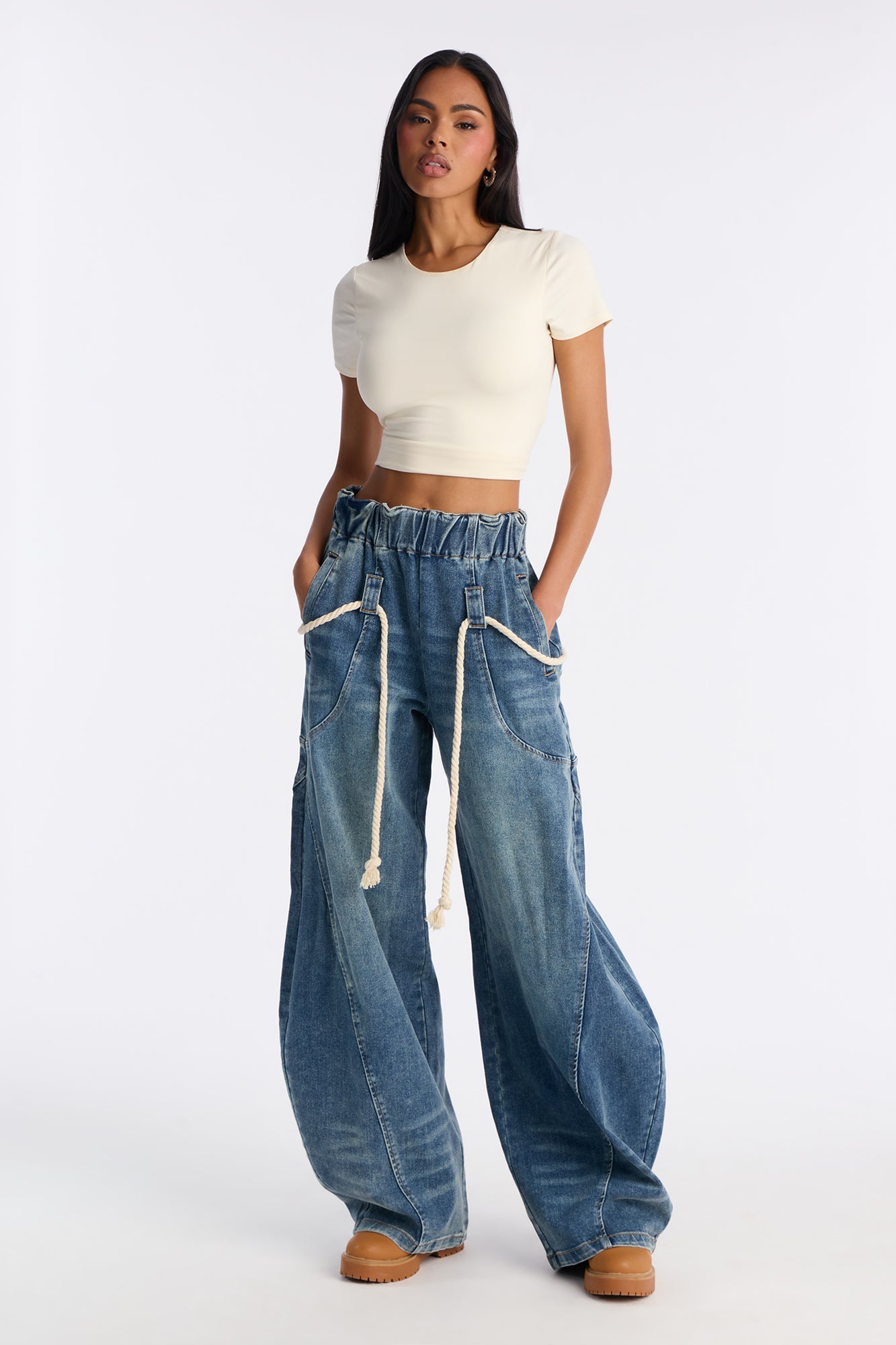 Hang Tight Belted Baggy Jeans - Dark Wash