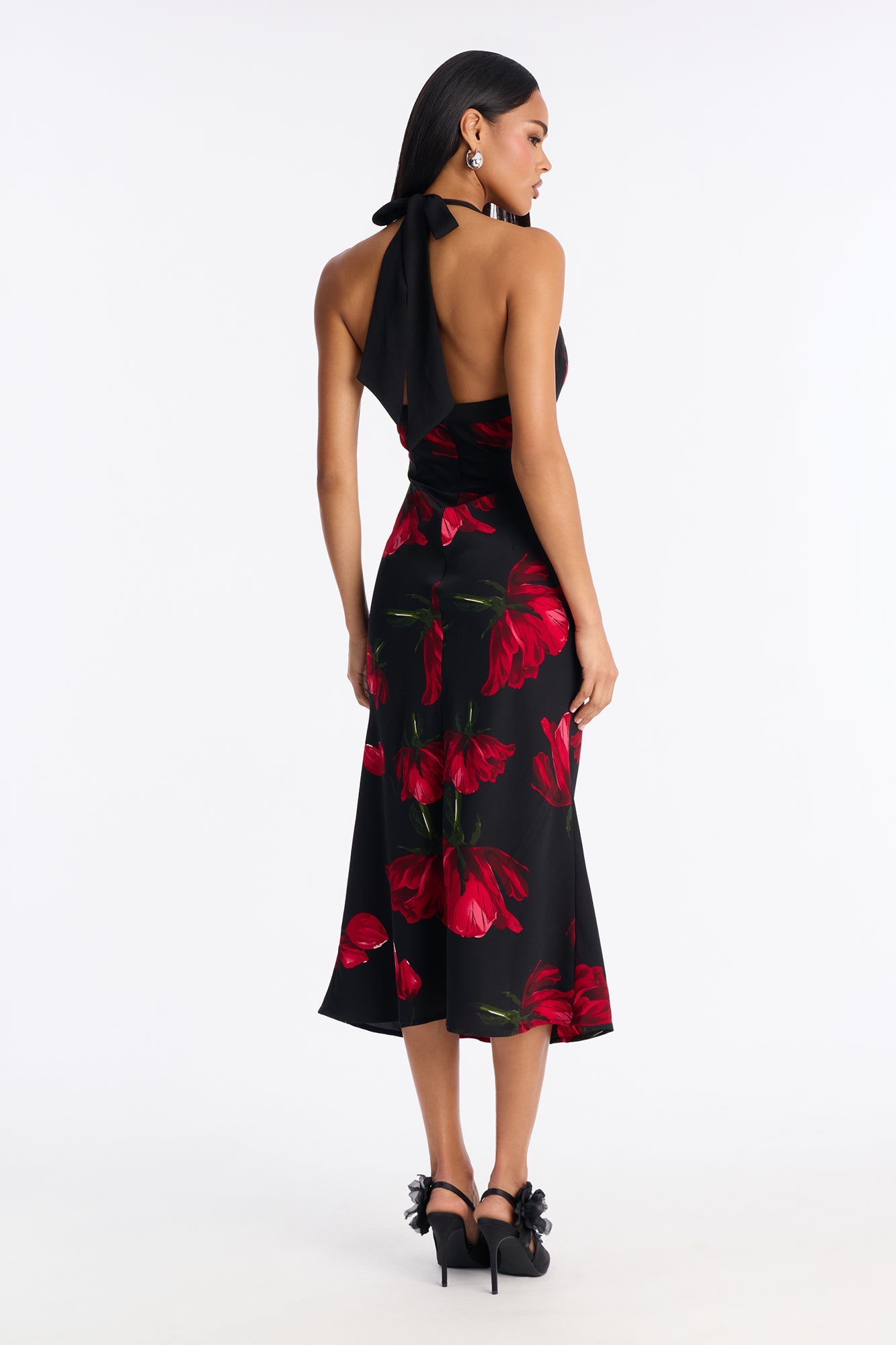 Petal Pretty Floral Satin Midi Dress - Black/Red