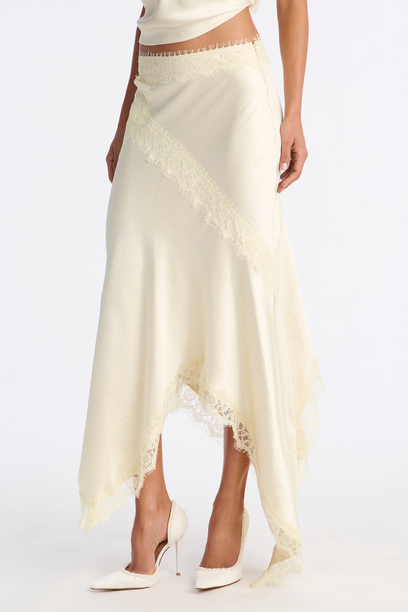Romance Me Satin Lace Trim Midi Skirt - Off White