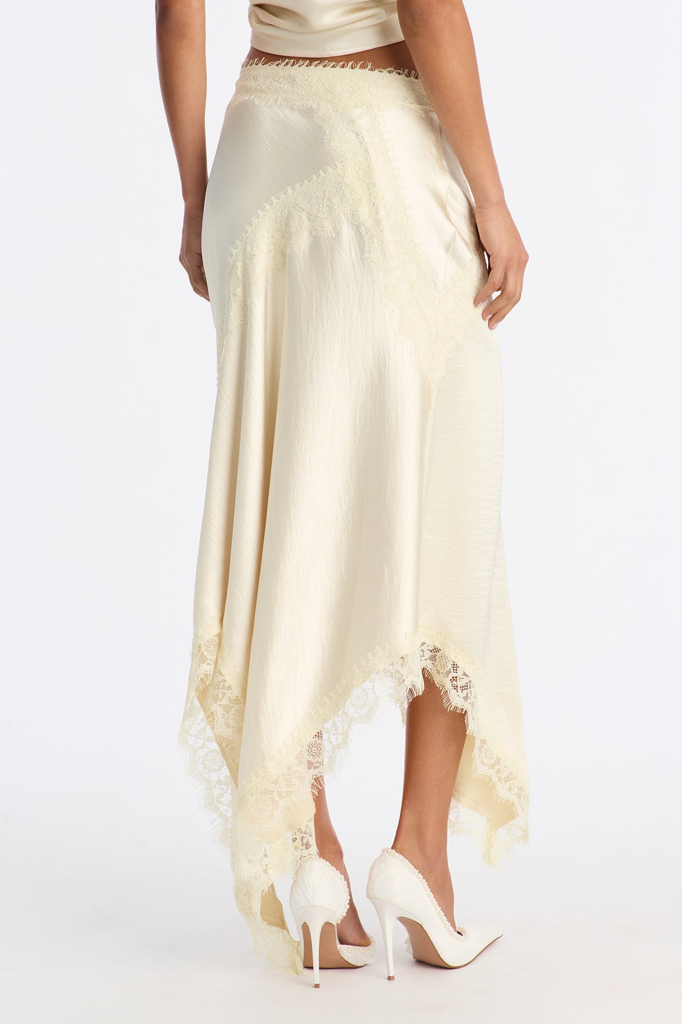 Romance Me Satin Lace Trim Midi Skirt - Off White