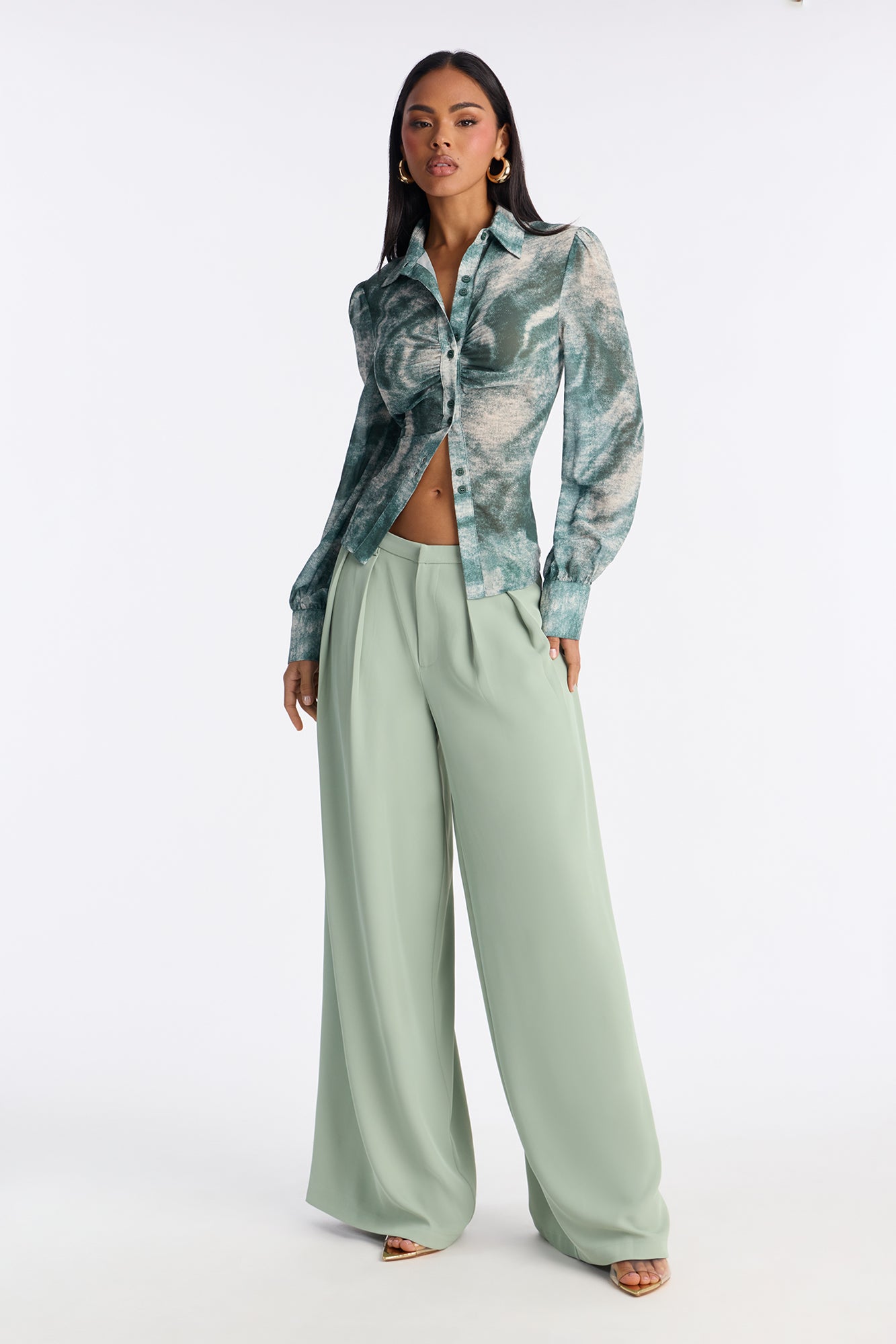 Reese Low Rise Drape Wide Leg Trouser Pant 33″ - Sage