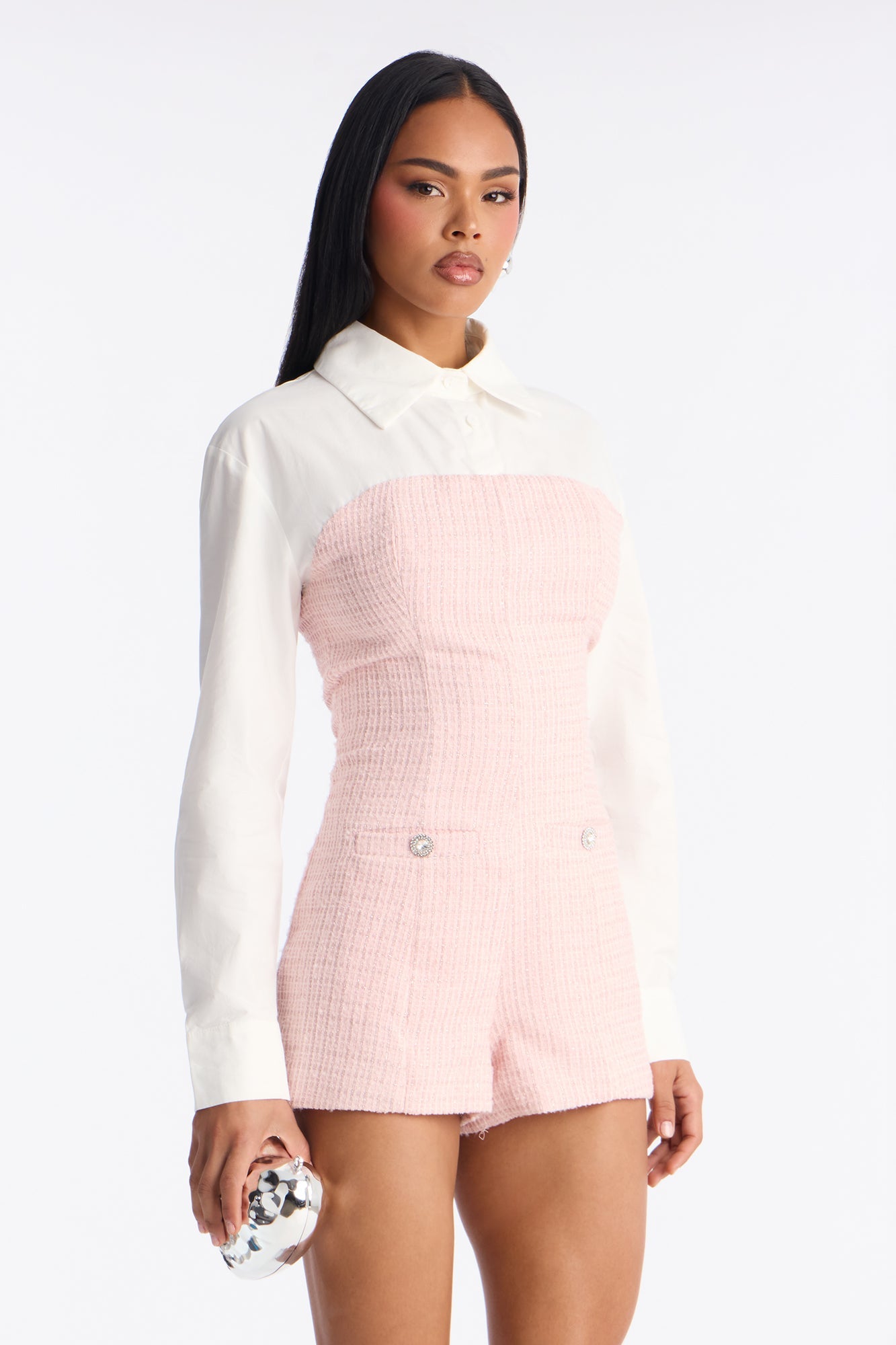 Darling Daydream Tweed Romper - Pink/combo