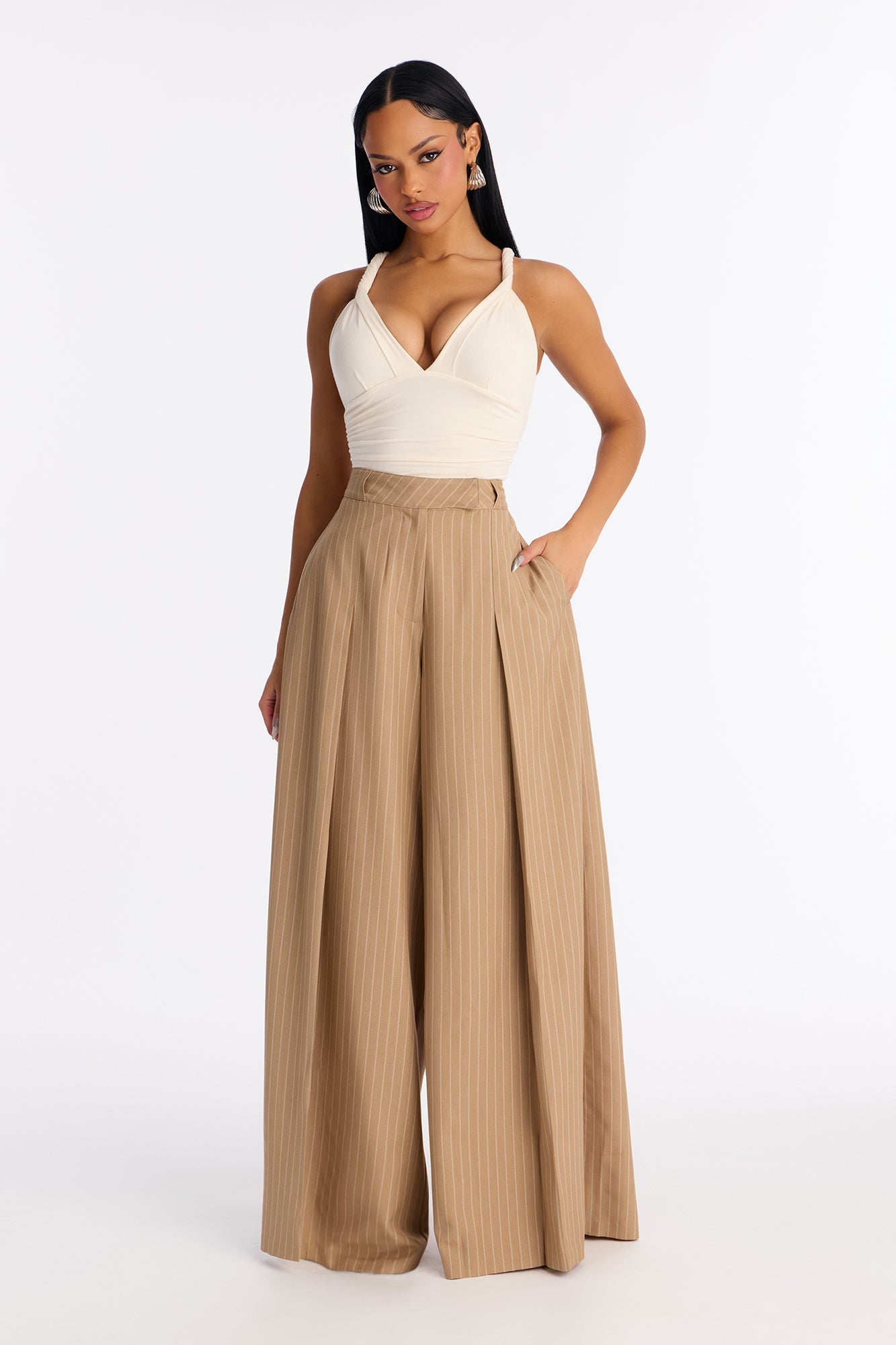 Catch A Break Pinstripe Wide Leg Pant 33″ - Taupe/combo