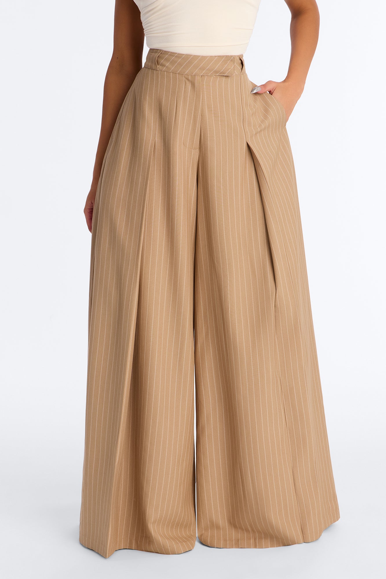 Catch A Break Pinstripe Wide Leg Pant 33″ - Taupe/combo