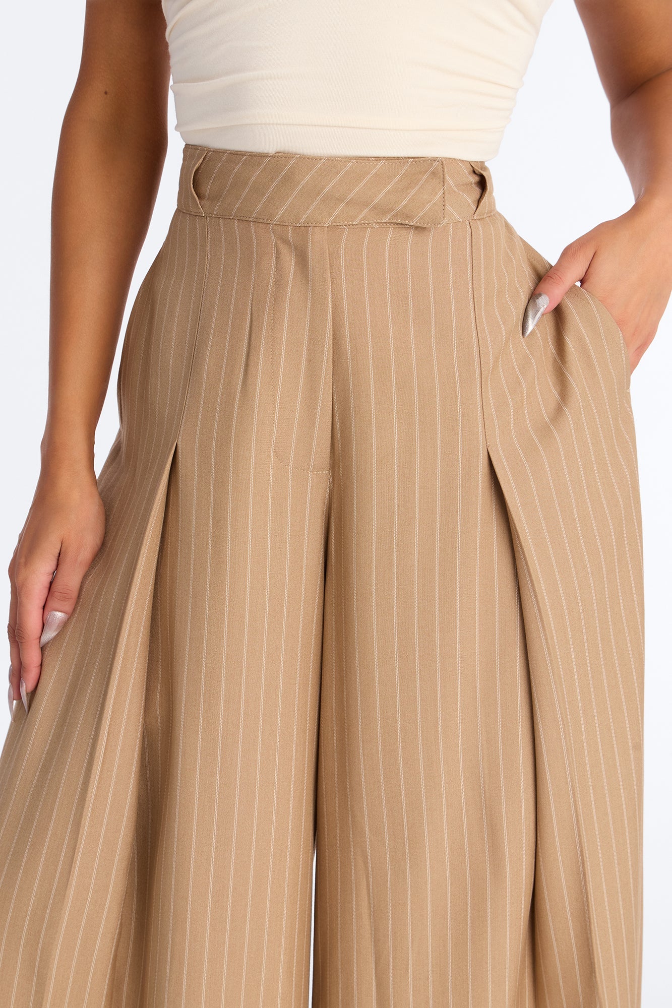 Catch A Break Pinstripe Wide Leg Pant 33″ - Taupe/combo