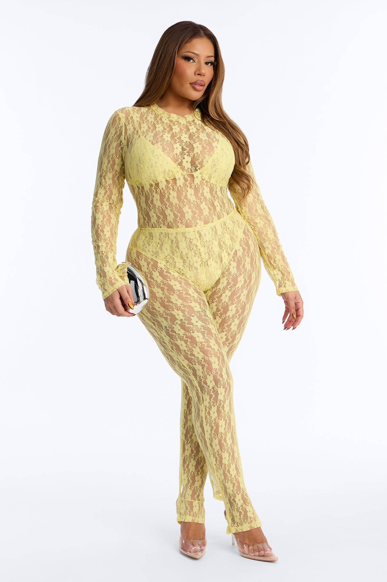 Angelica Lace Stirrup Catsuit 3 Piece Set - Butter Yellow