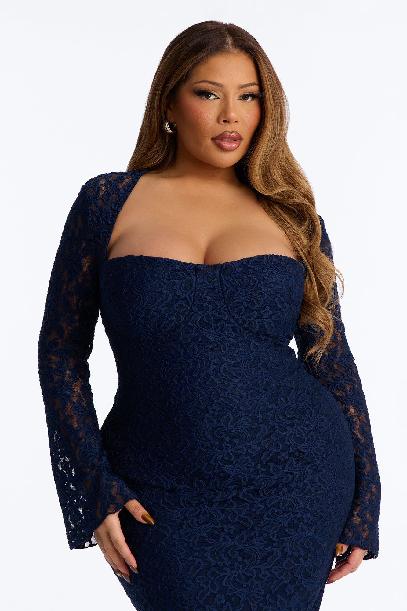 Marianna Long Sleeve Lace Midi Dress - Navy