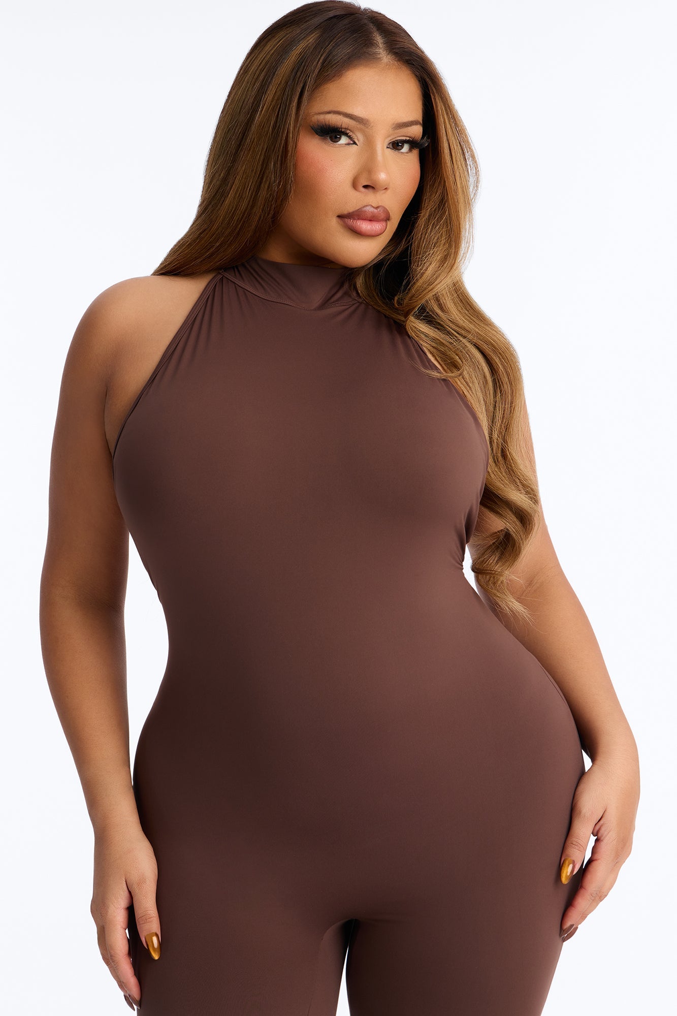 Isa High Neck Backless Capri Catsuit - Chocolate