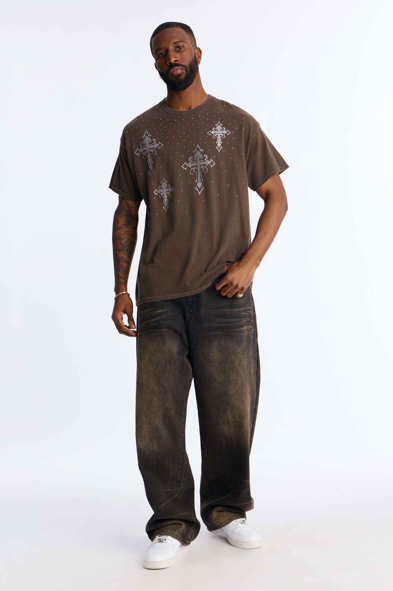 Bare The Cross Rhinestones Oversized Short Sleeve Tee - Chocolate
