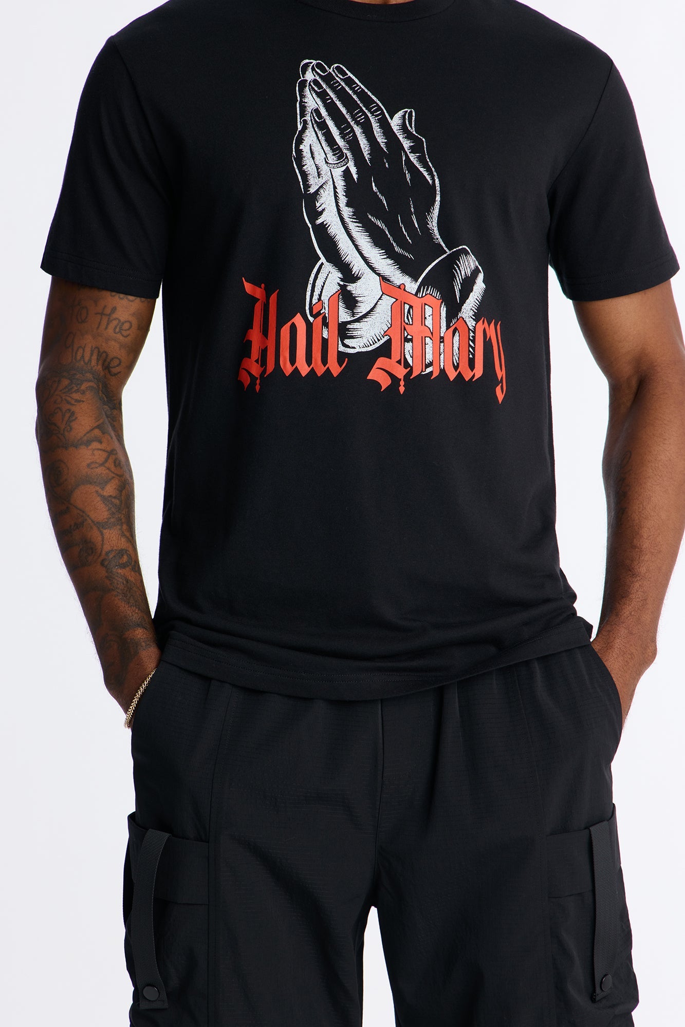 Hail Mary Praying Hands Graphic Short Sleeve Tee - Black