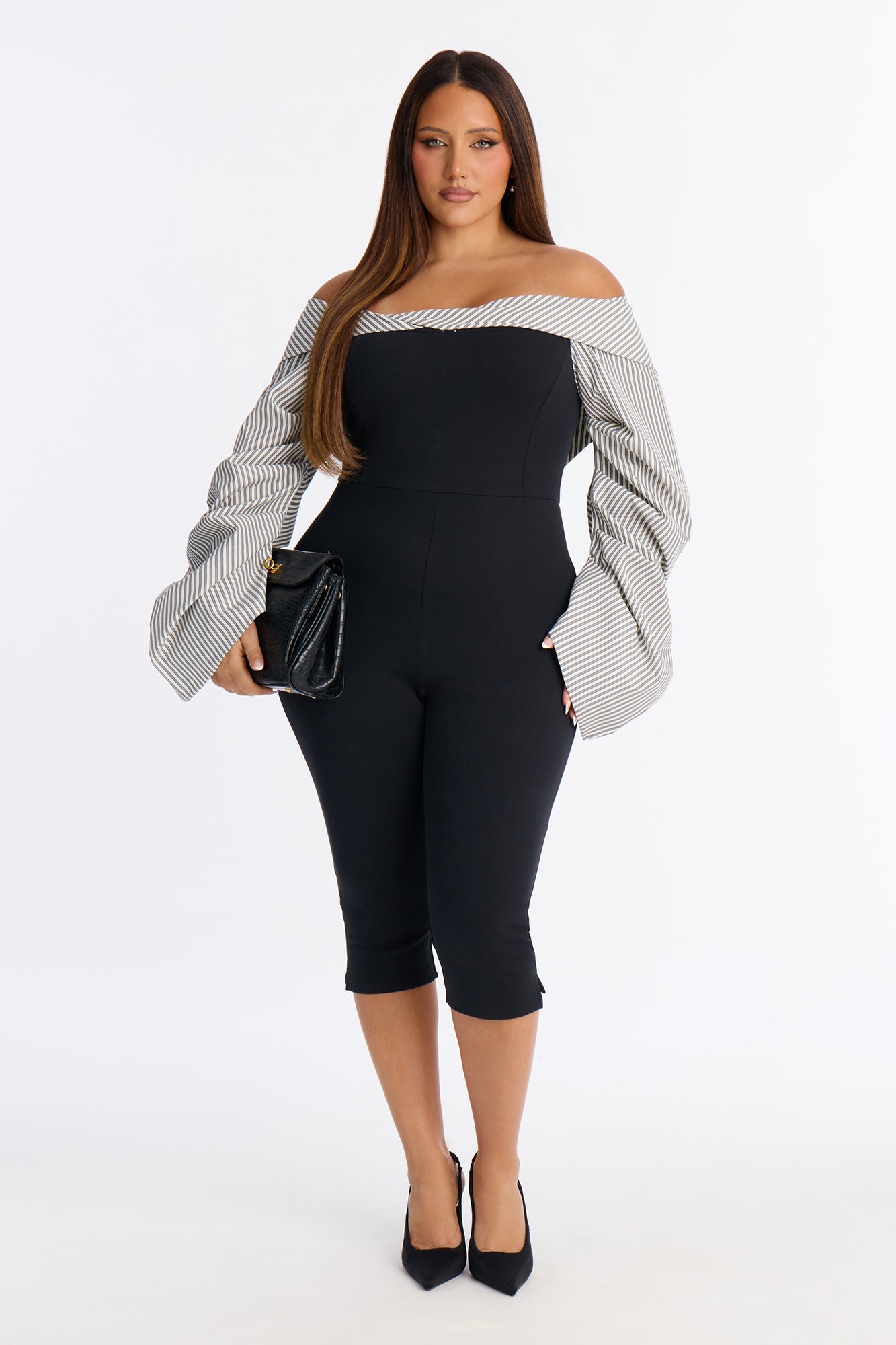 Ester Pinstripe Capri Jumpsuit - Black/combo
