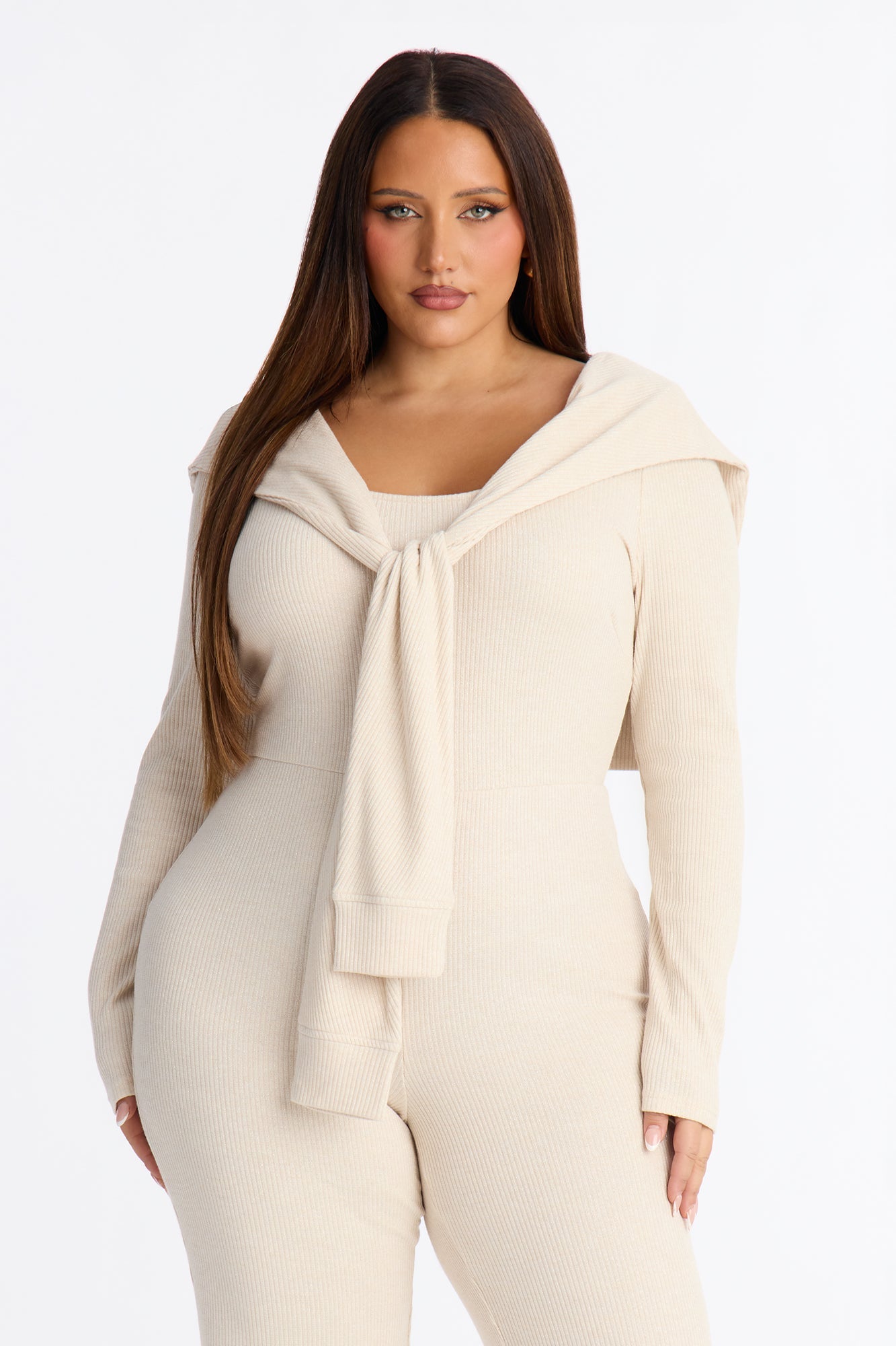 Taylor Layered Flare Leg Knit Jumpsuit - Beige