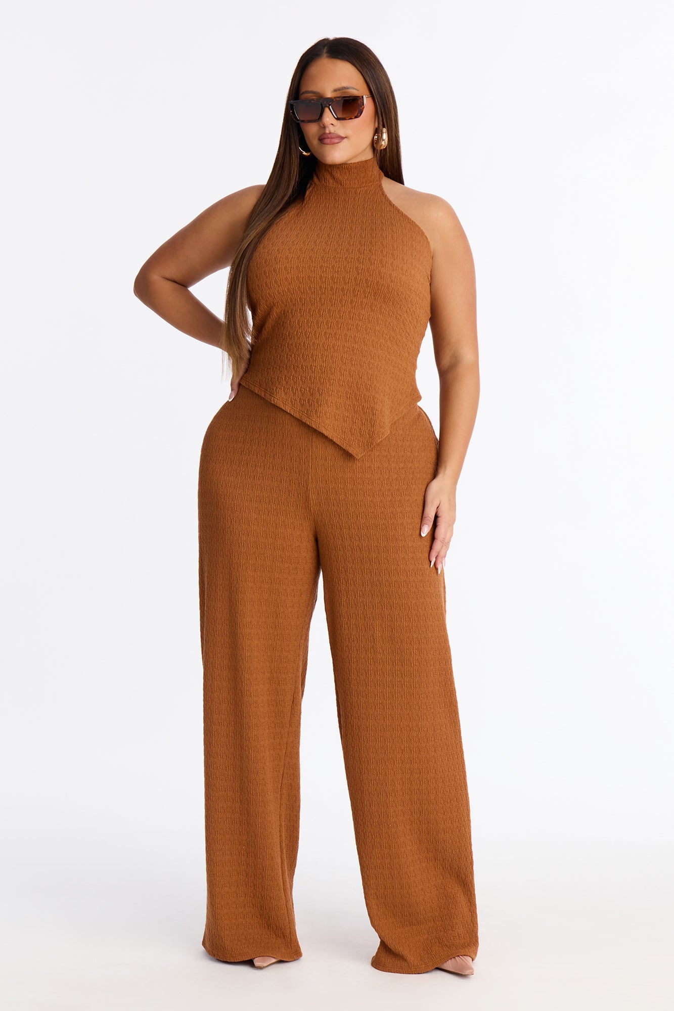 Gabriella Textured Asymmetrical Pant Set - Cognac