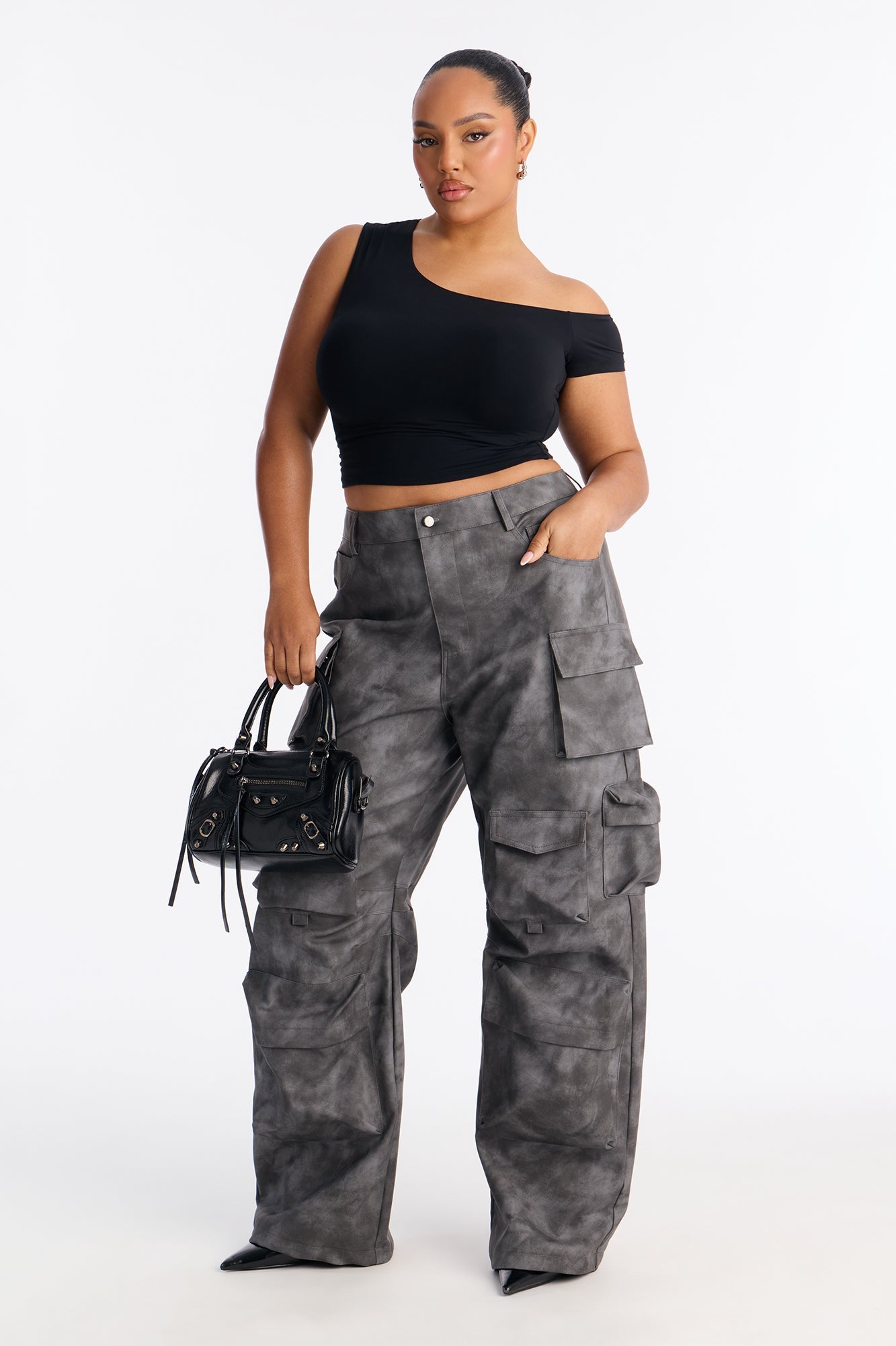 Harvey Washed Faux Leather Cargo Pant - Black Wash