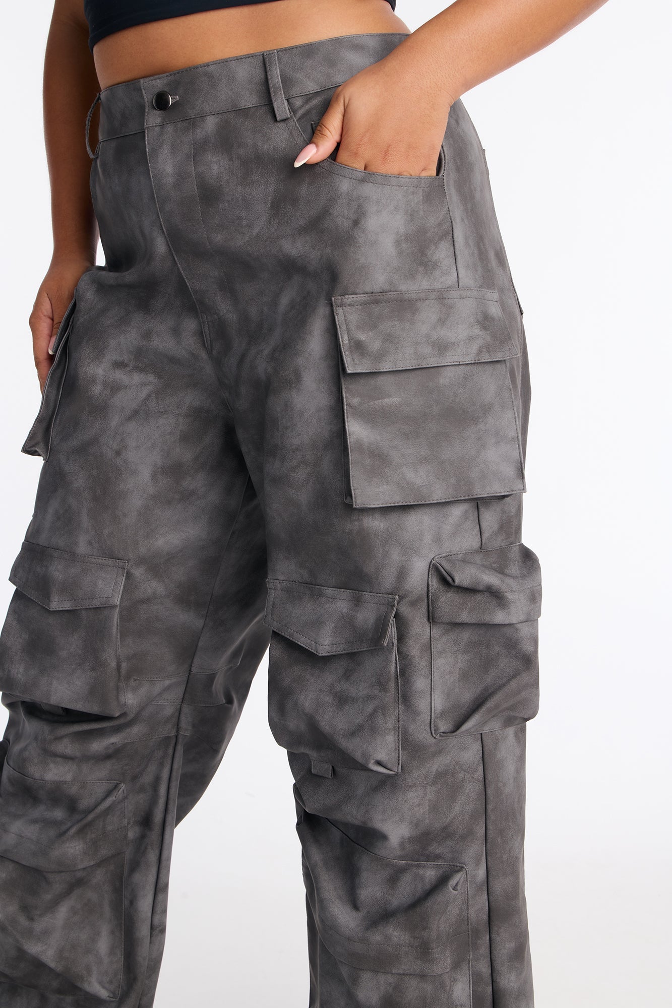 Harvey Washed Faux Leather Cargo Pant - Black Wash