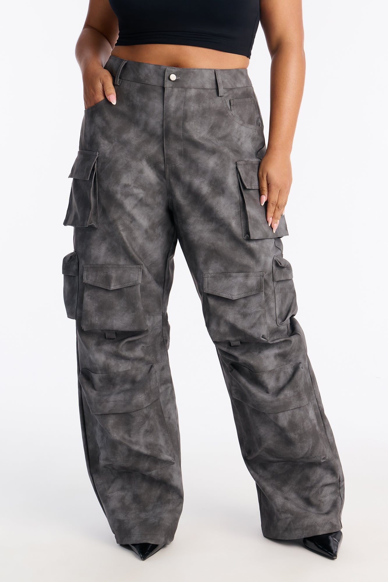 Harvey Washed Faux Leather Cargo Pant - Black Wash