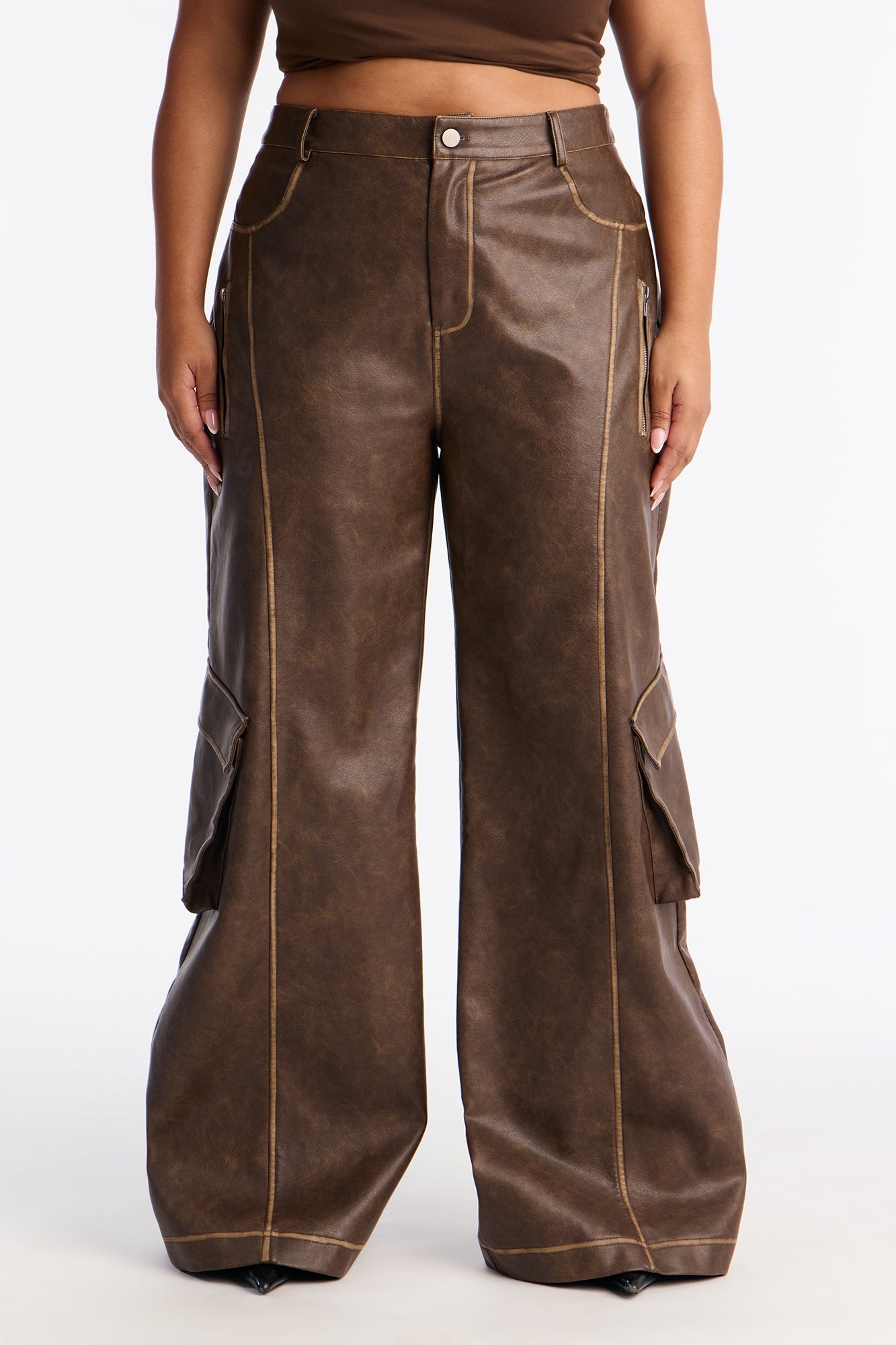 Gaia Faux Leather Cargo Pants 33 - Brown