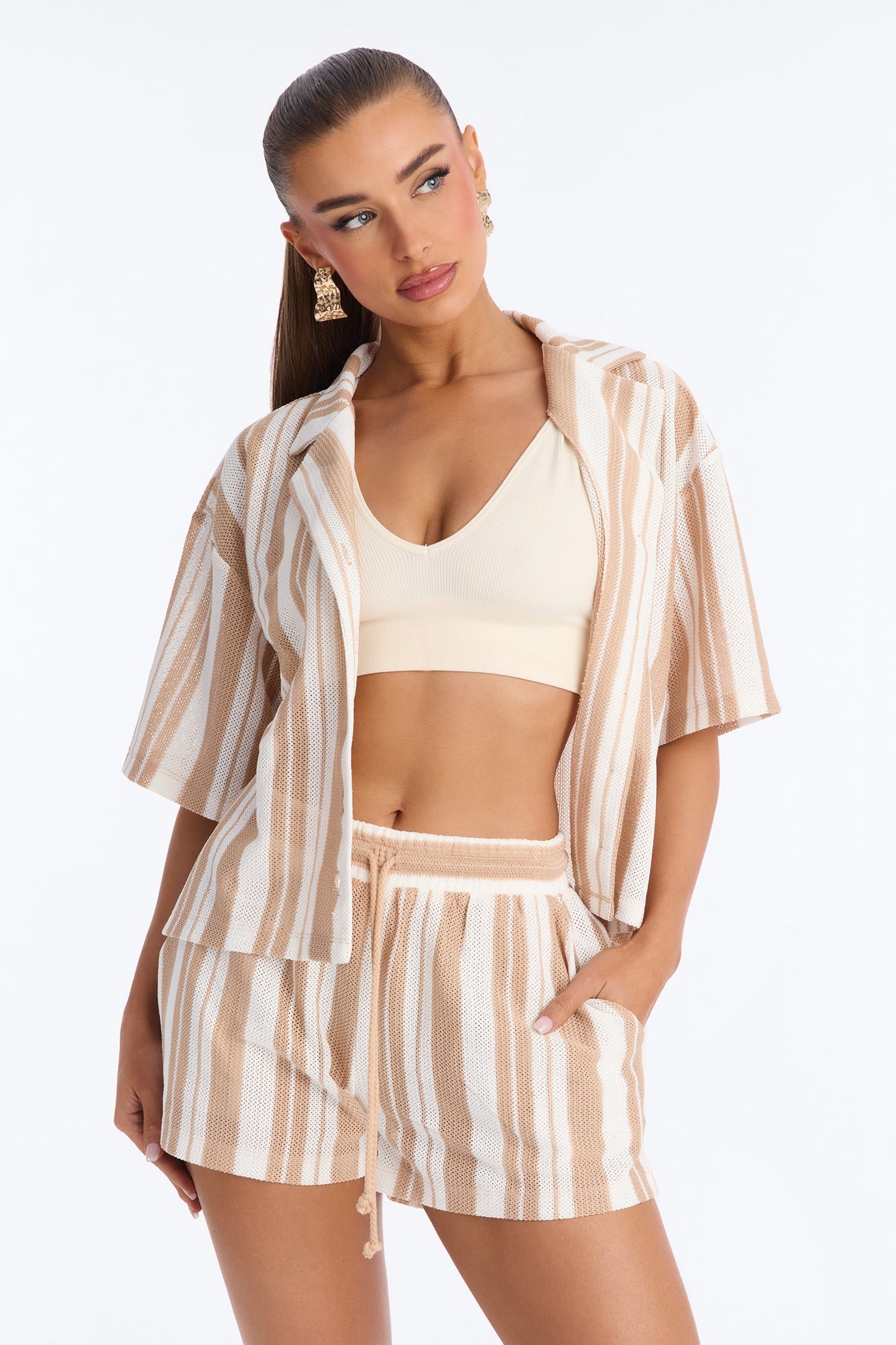 Lea Crochet Stripe Short Set - Taupe/combo