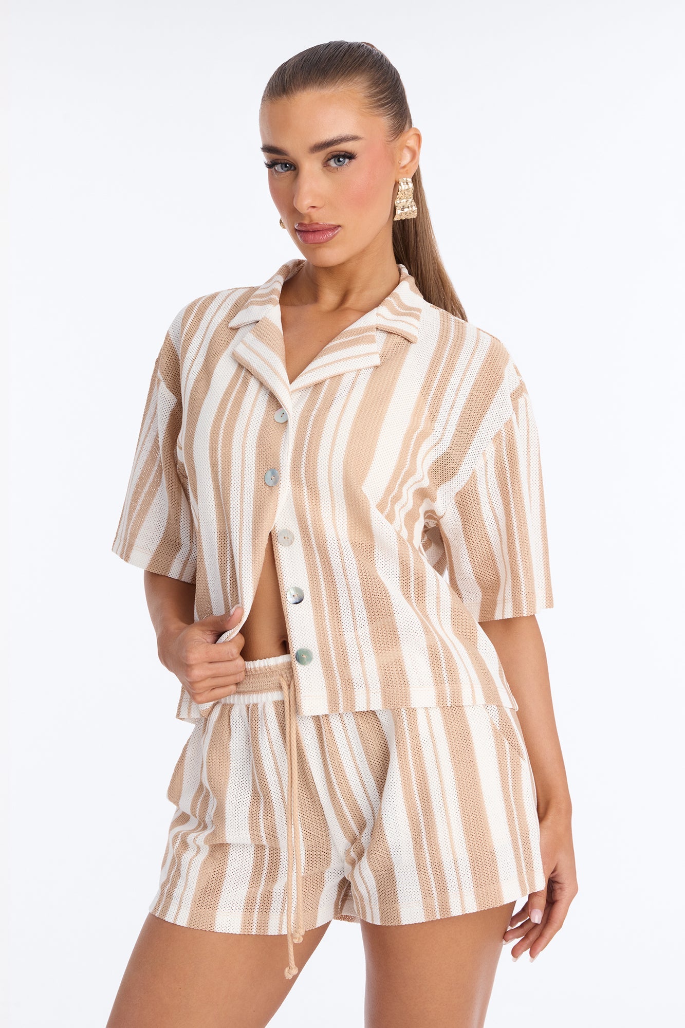 Lea Crochet Stripe Short Set - Taupe/combo