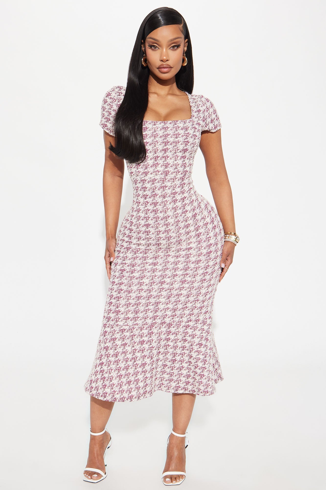 Margot Stretch Tweed Midi Dress - Burgundy/combo