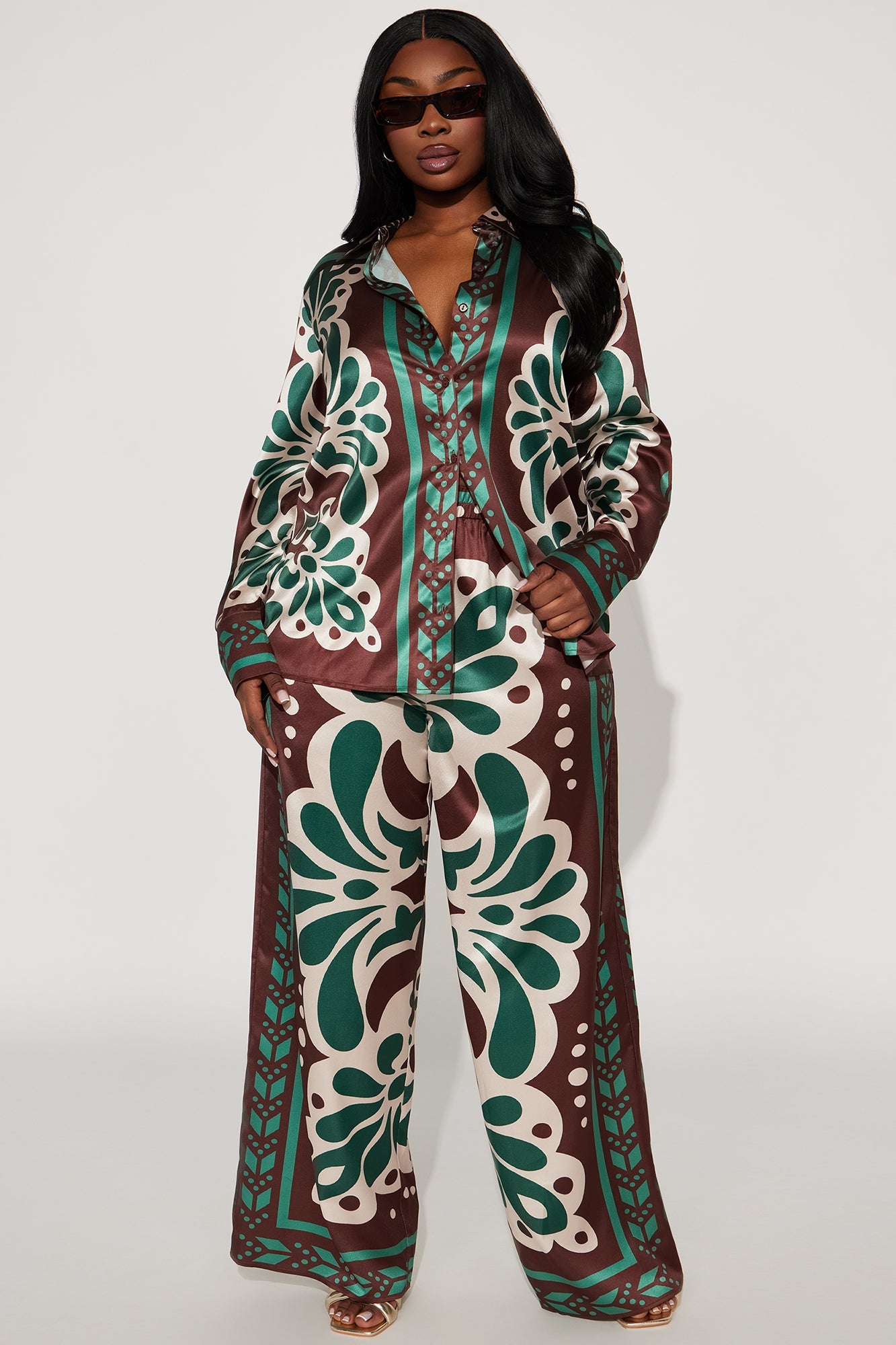 Taylor Satin Pant Set - Brown Combo