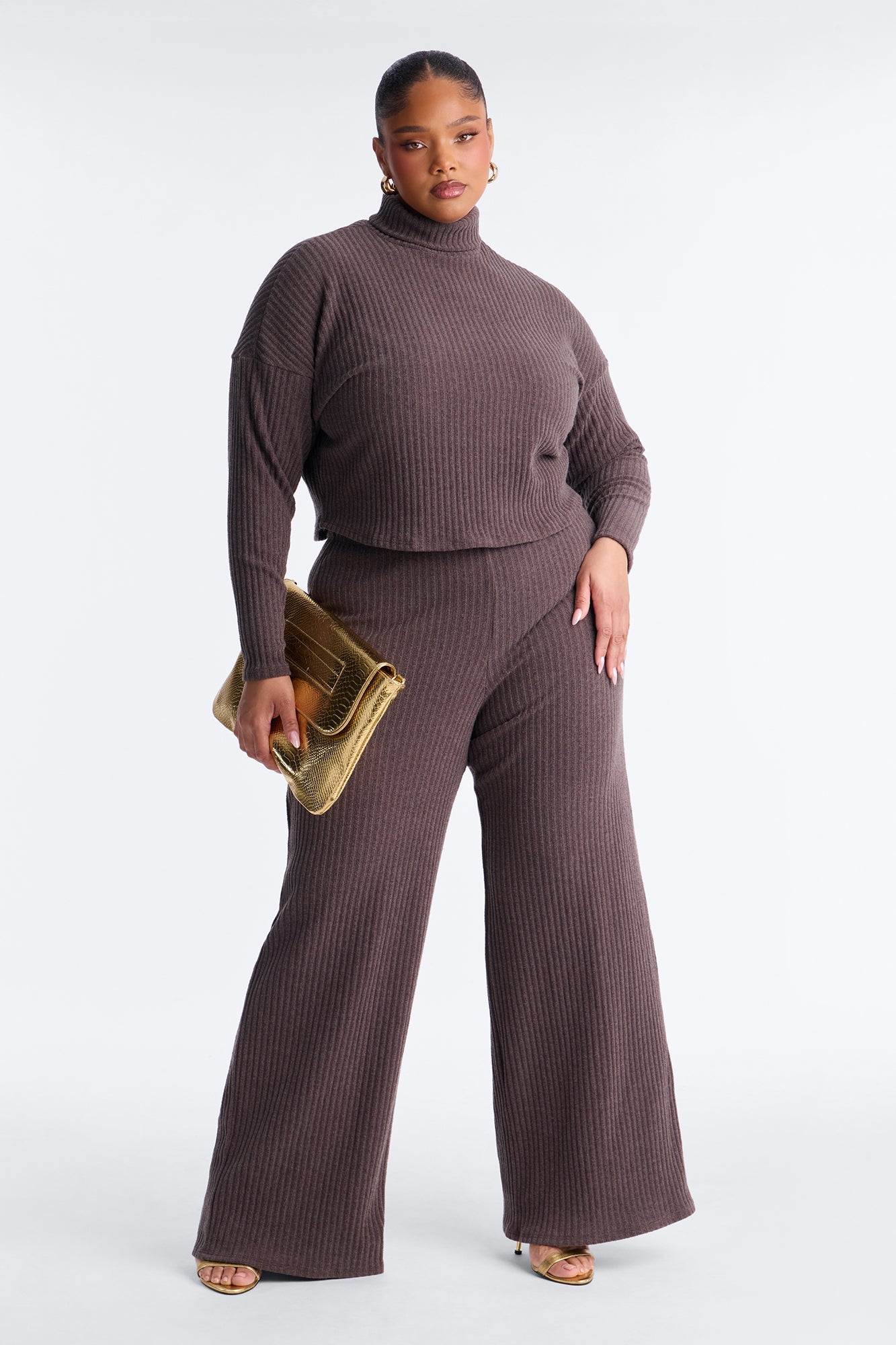 Melissa Ribbed Turtleneck Pant Set - Brown