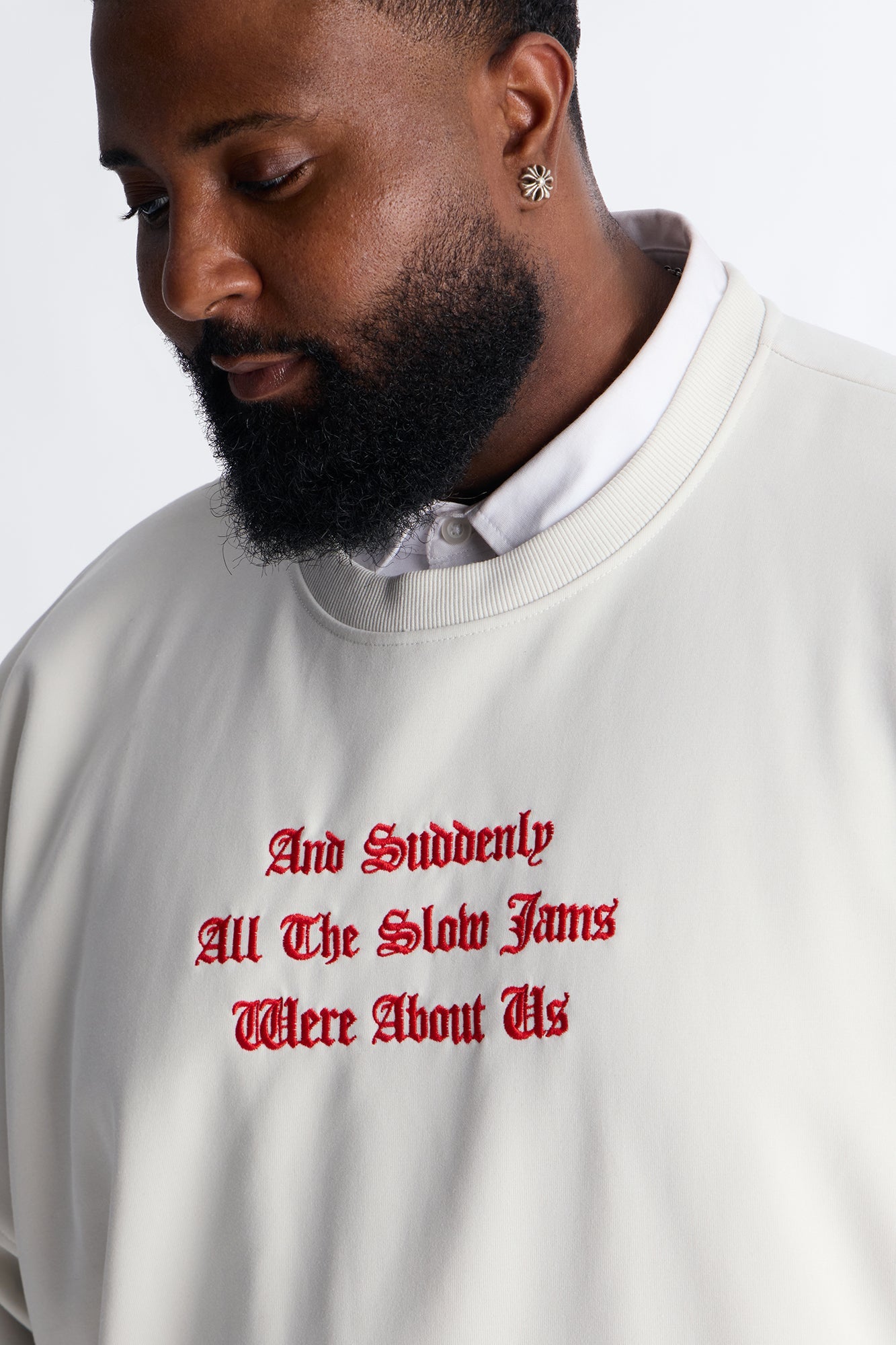 Slow Jam Embroidered Structured Fleece Crewneck - Cream
