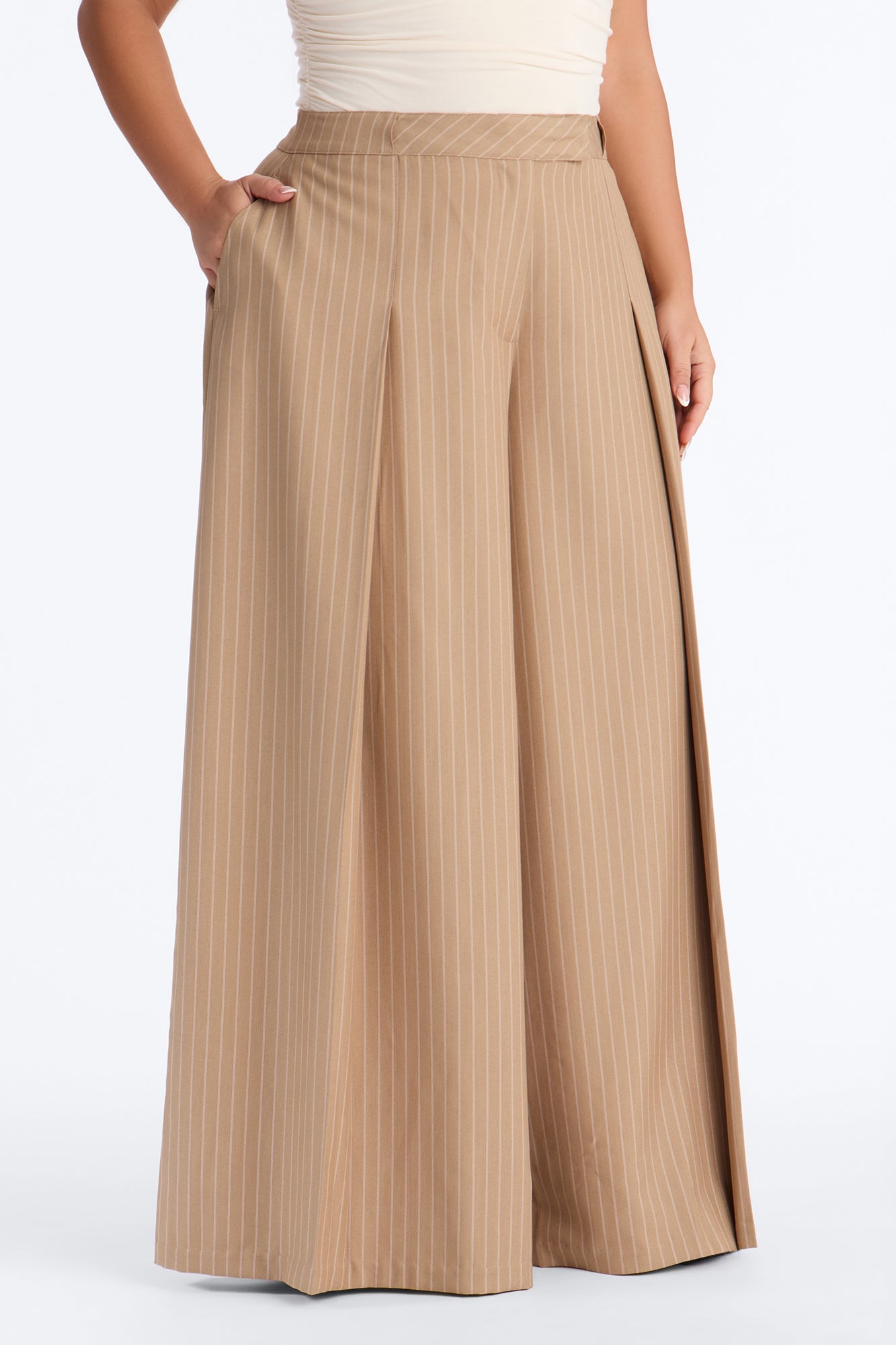 Catch A Break Pinstripe Wide Leg Pant 33″ - Taupe/combo