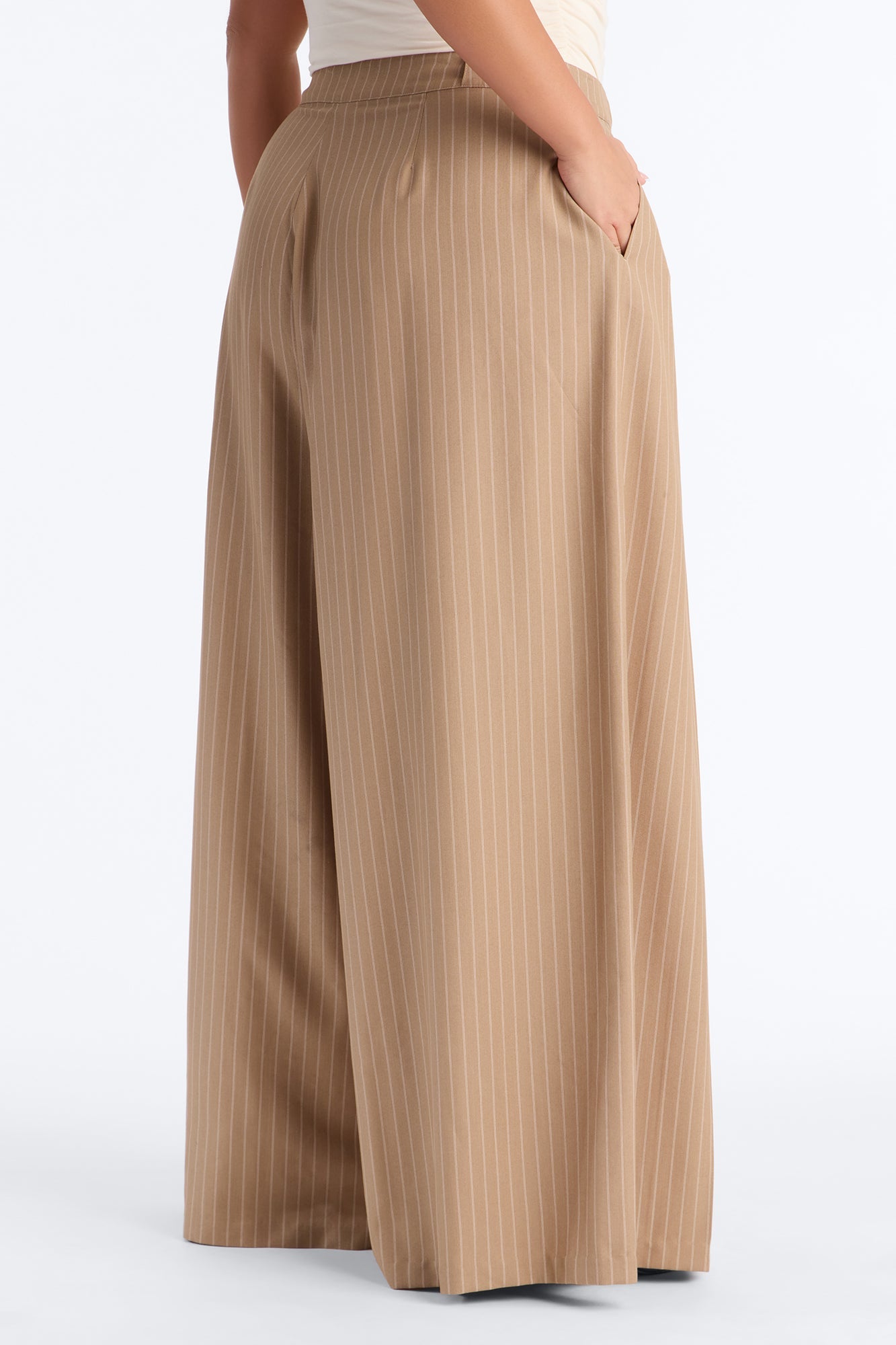 Catch A Break Pinstripe Wide Leg Pant 33″ - Taupe/combo