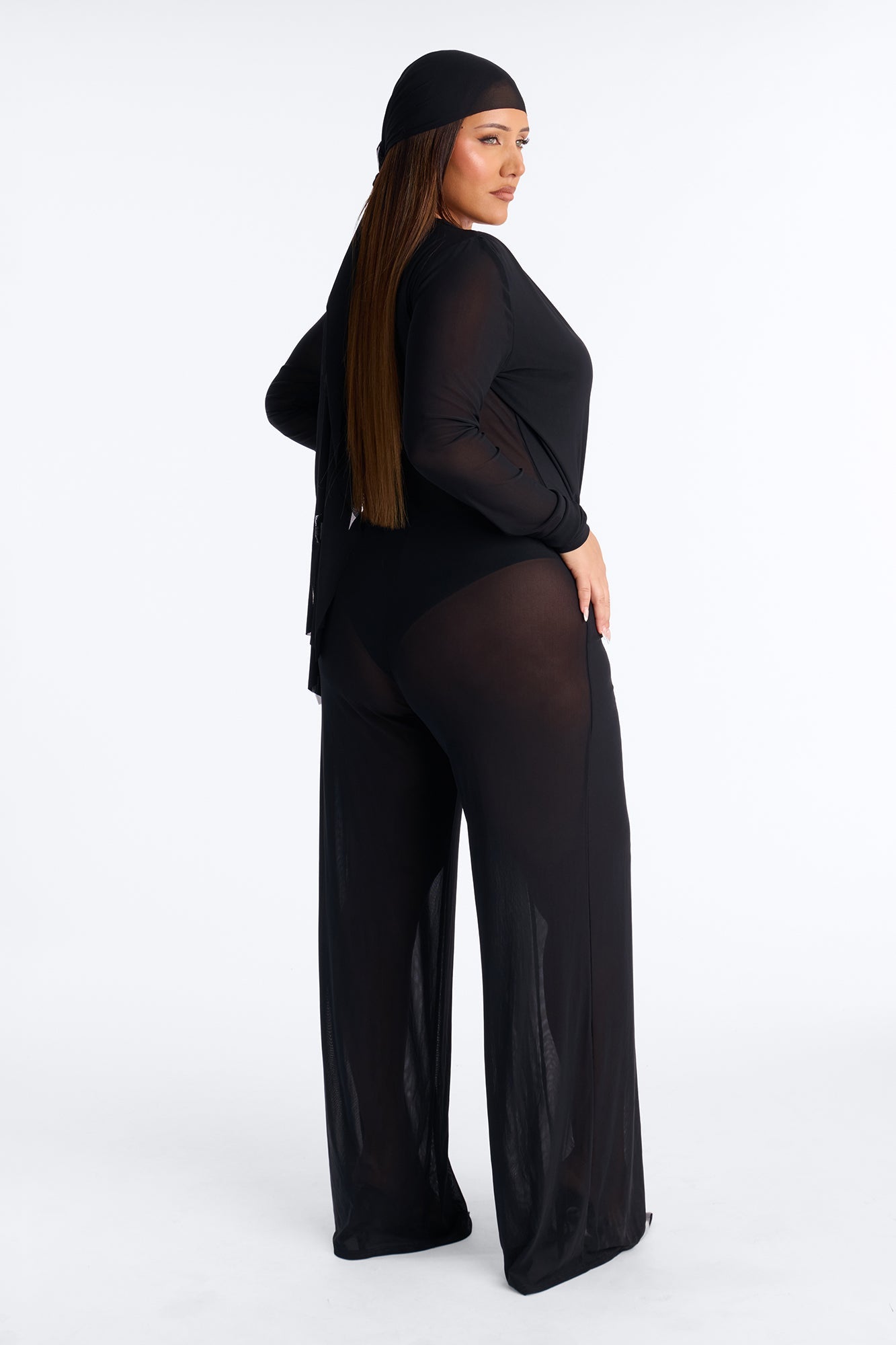 Sara Plunge Neck Jumpsuit And Headscarf 2 Piece Set - Black