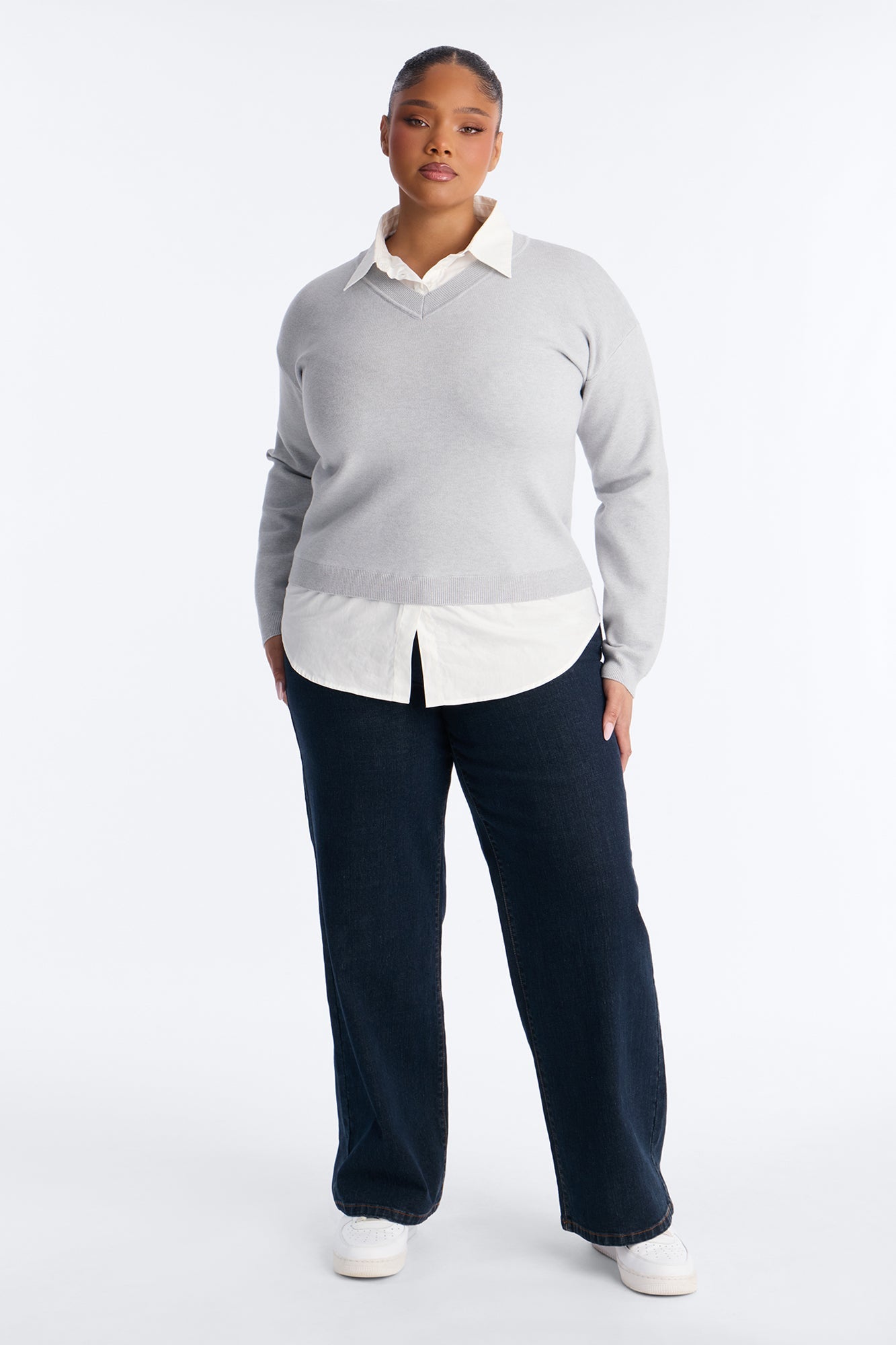 Join The Club Set-In Poplin Sweater - Grey/combo