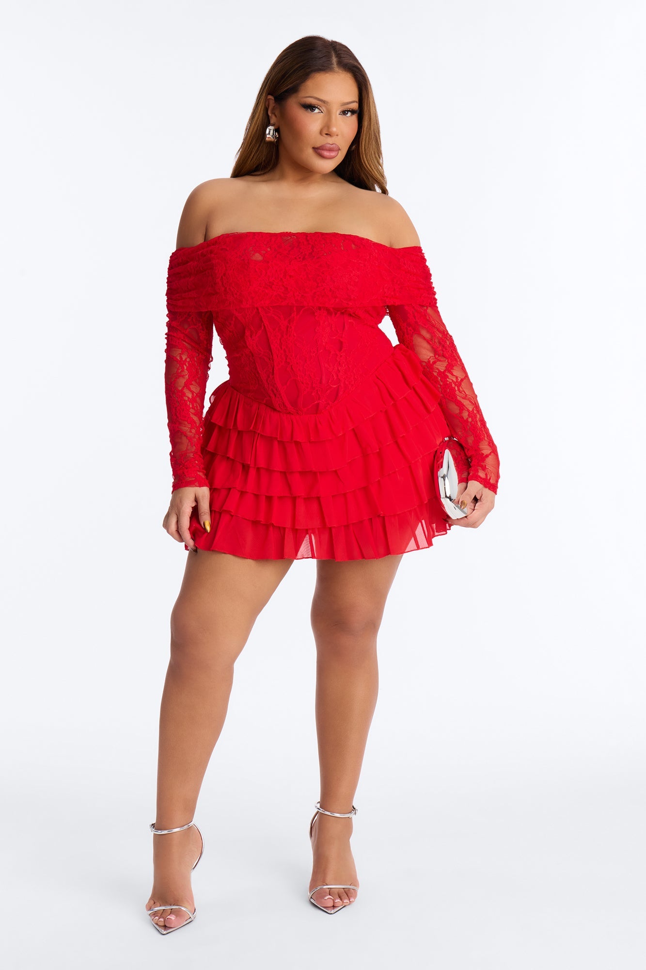 Elsie Ruffle Lace Mini Dress - Red
