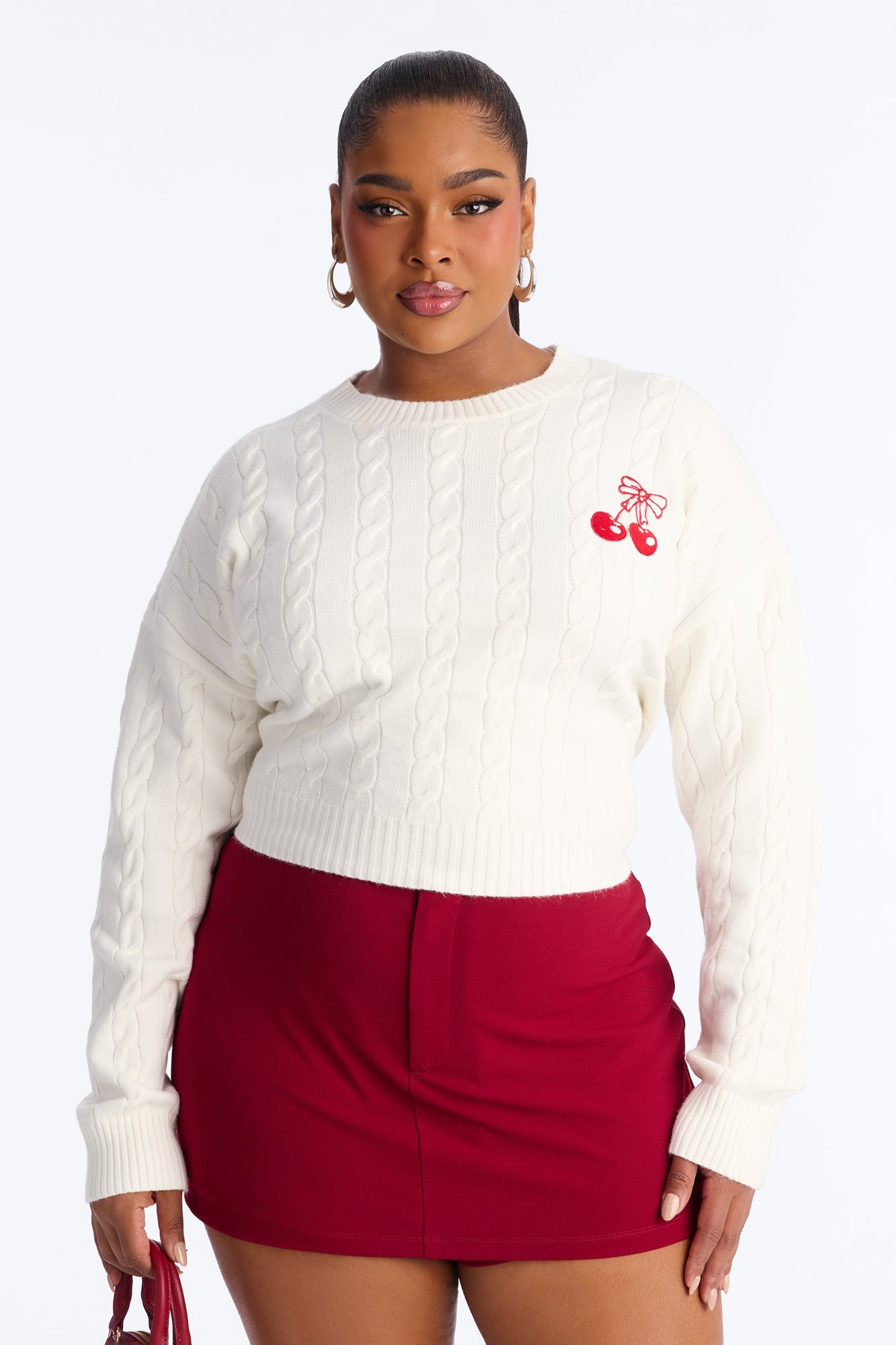 Cutie Bow Cherry Cable Knit Sweater - Ivory