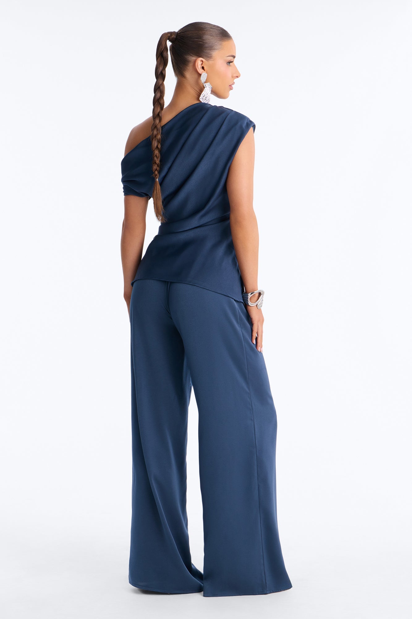 Scarlett Satin Off Shoulder Pant Set - Blue