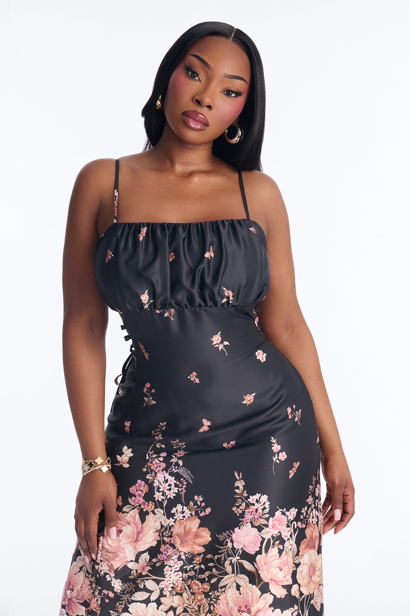 Selene Floral Satin Midi Dress - Black