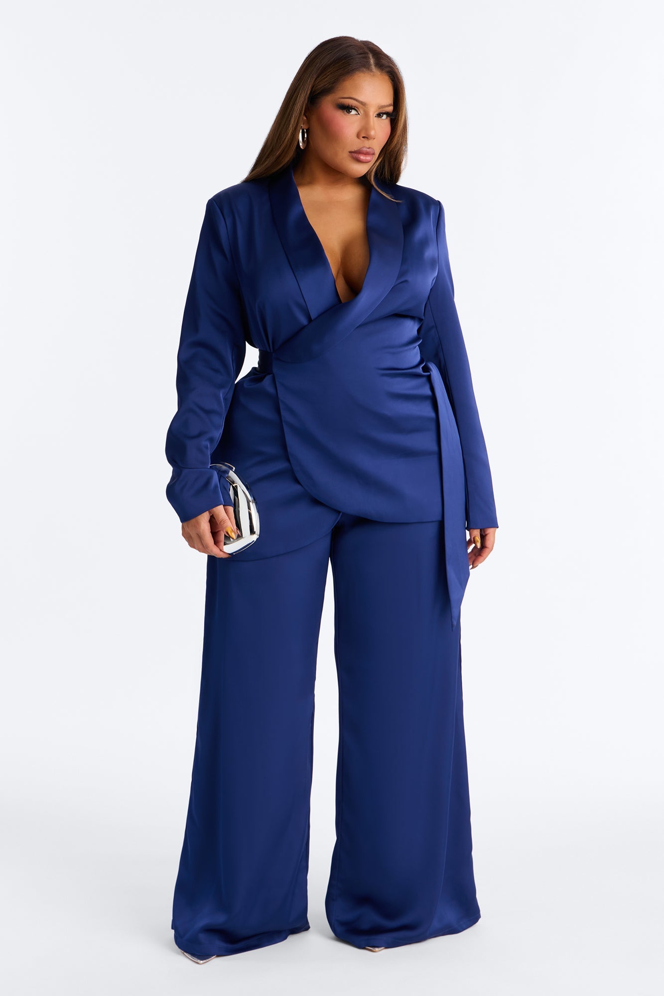 Wrap It Up Satin Blazer Pant Set - Navy