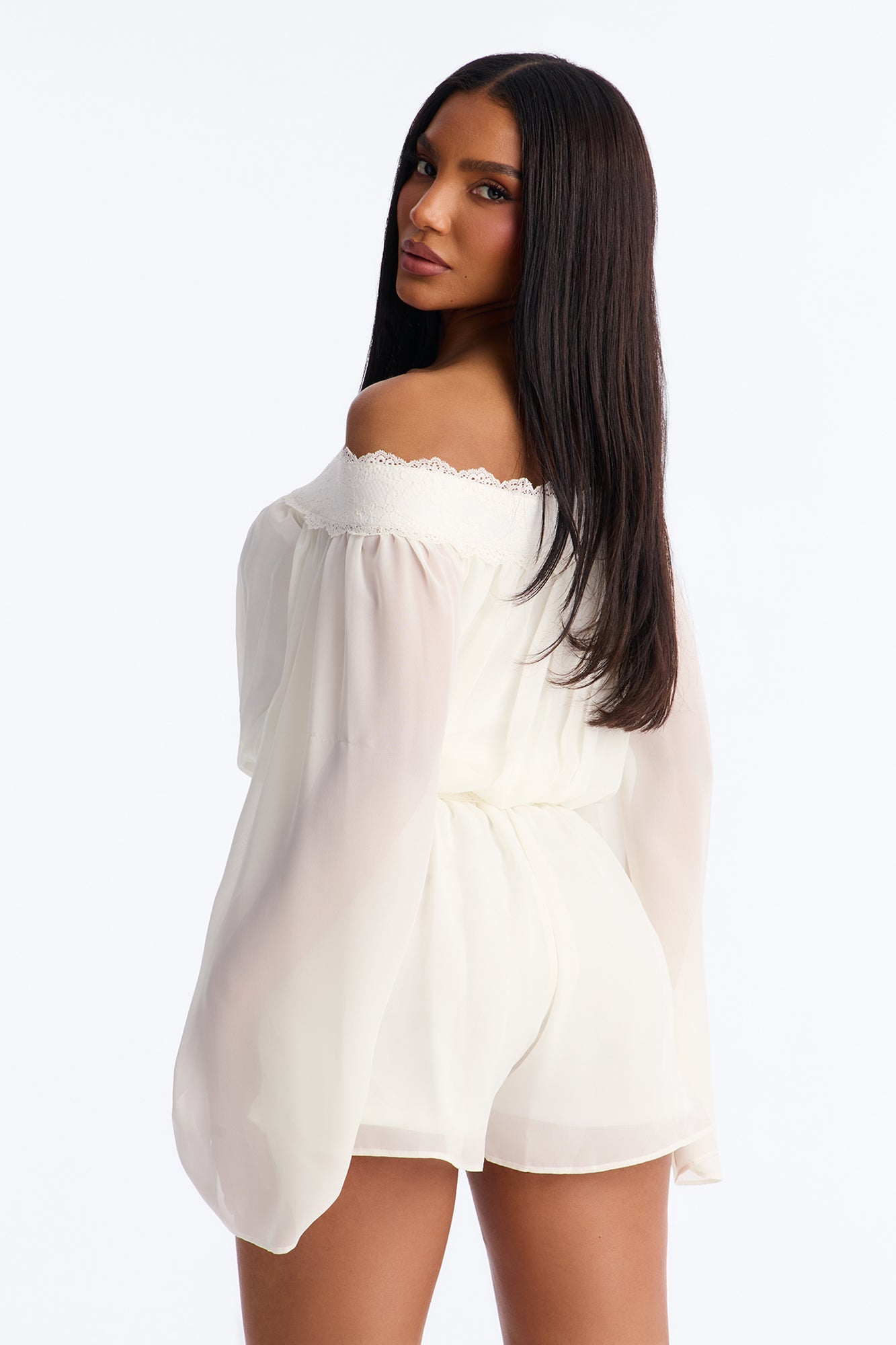 Cecilia Chiffon Off Shoulder Lace Romper - White