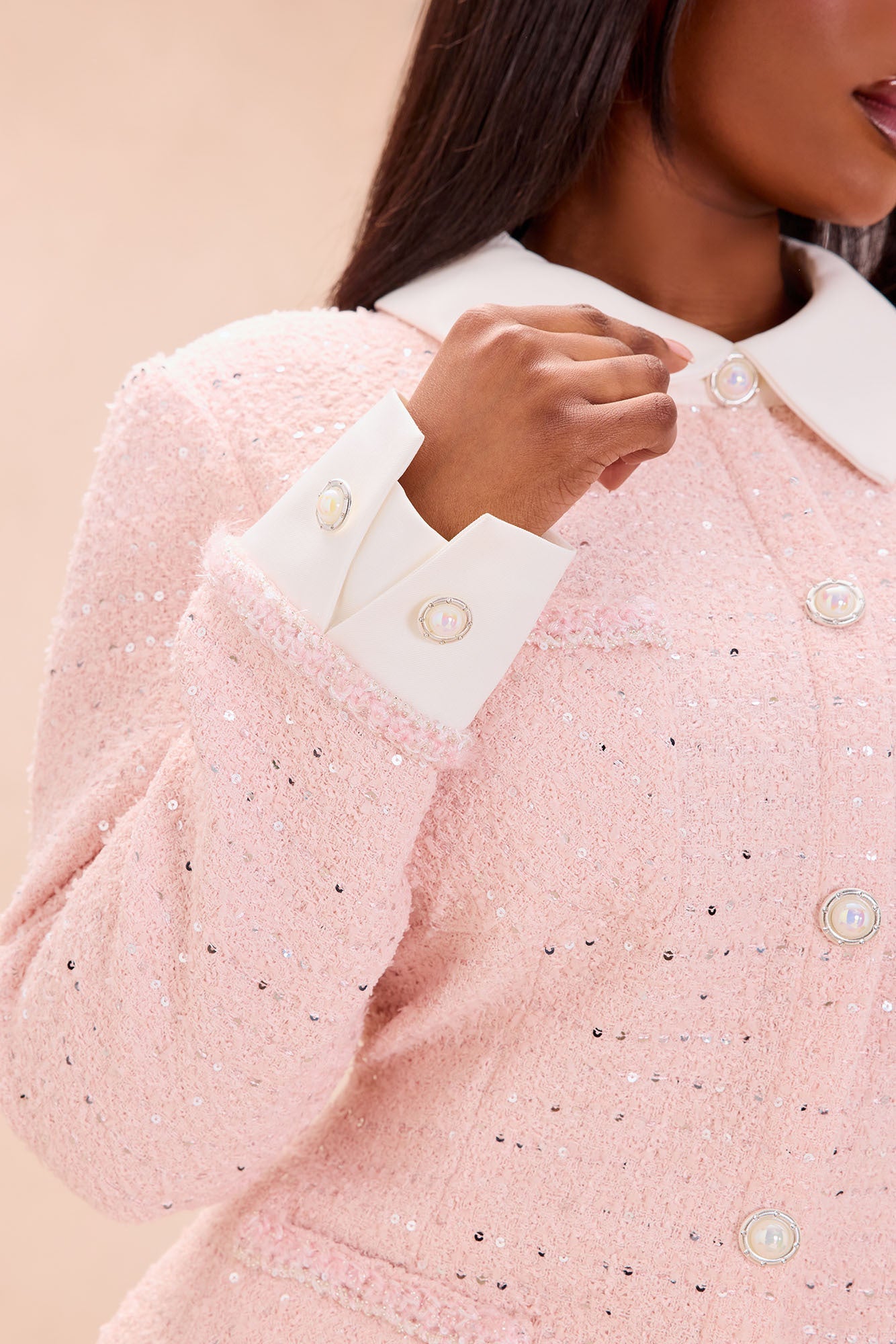 Juliette Collared Embellished Tweed Mini Dress - Light Pink