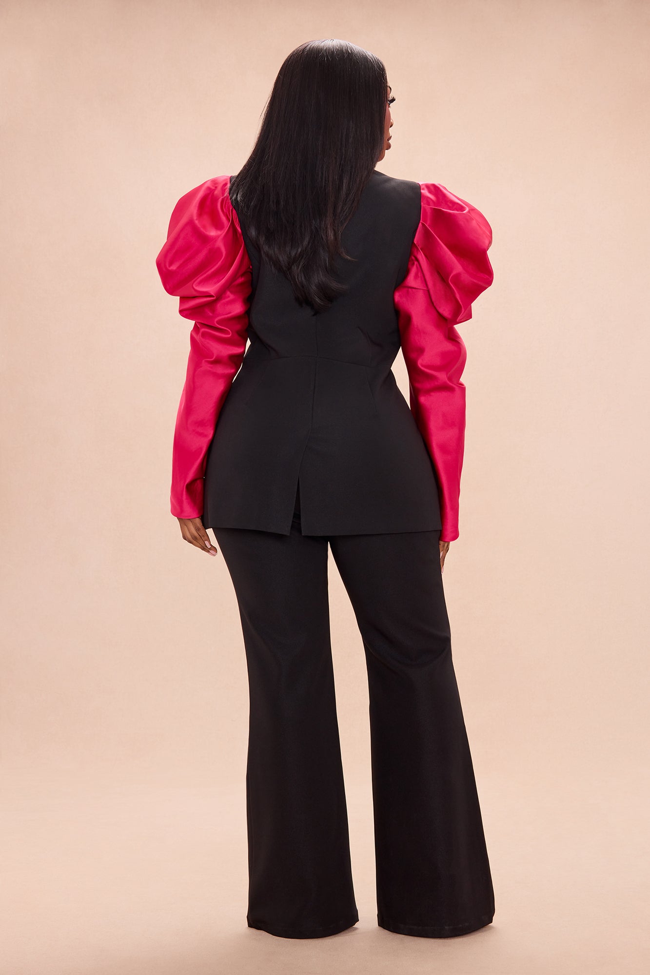Vega Puff Sleeve Blazer Pant Set - Black/Pink